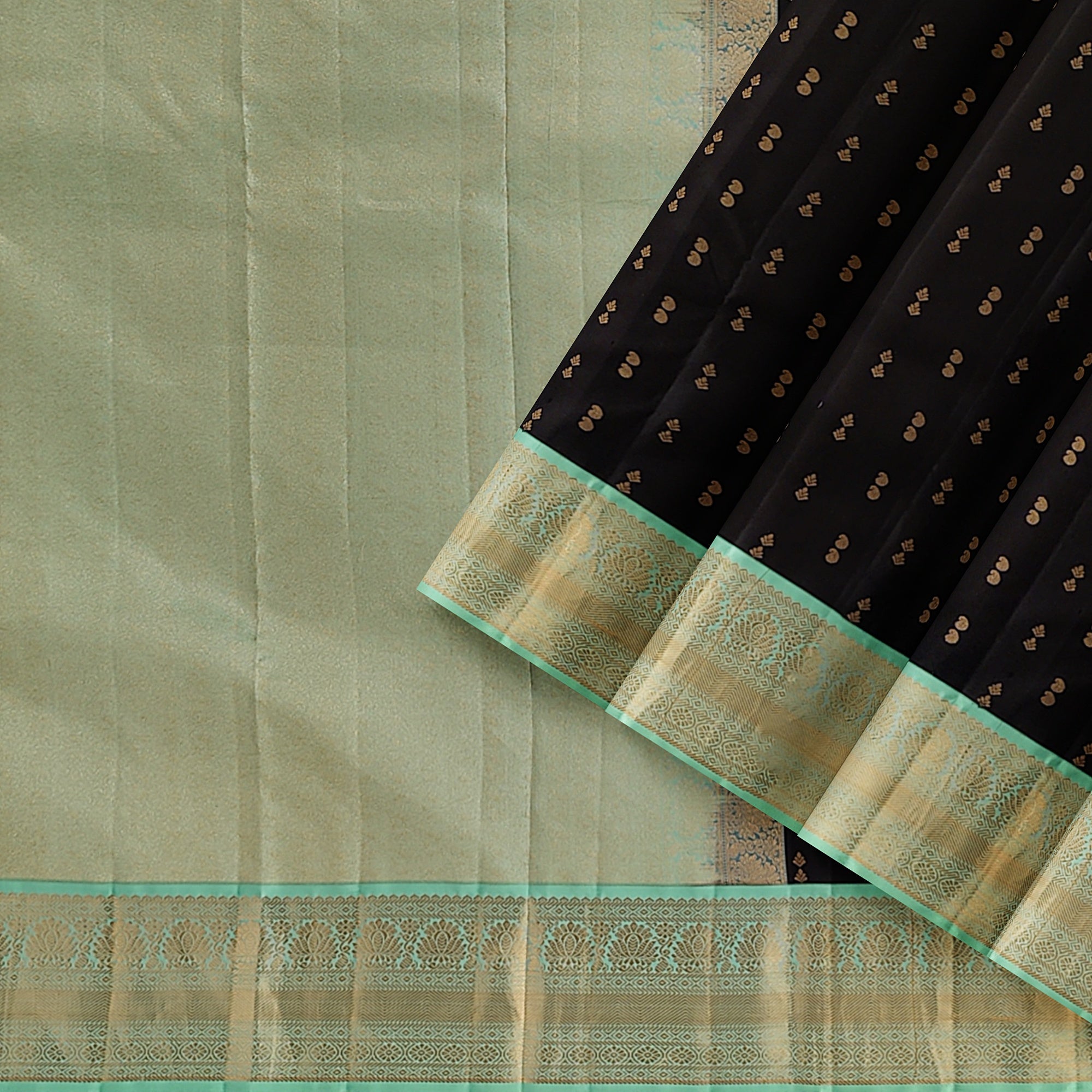 Black Kanjivaram Silk Saree with Pista Green Zari Border – Pure Handloom Bridal Saree Online - New Sudarshan Silks`