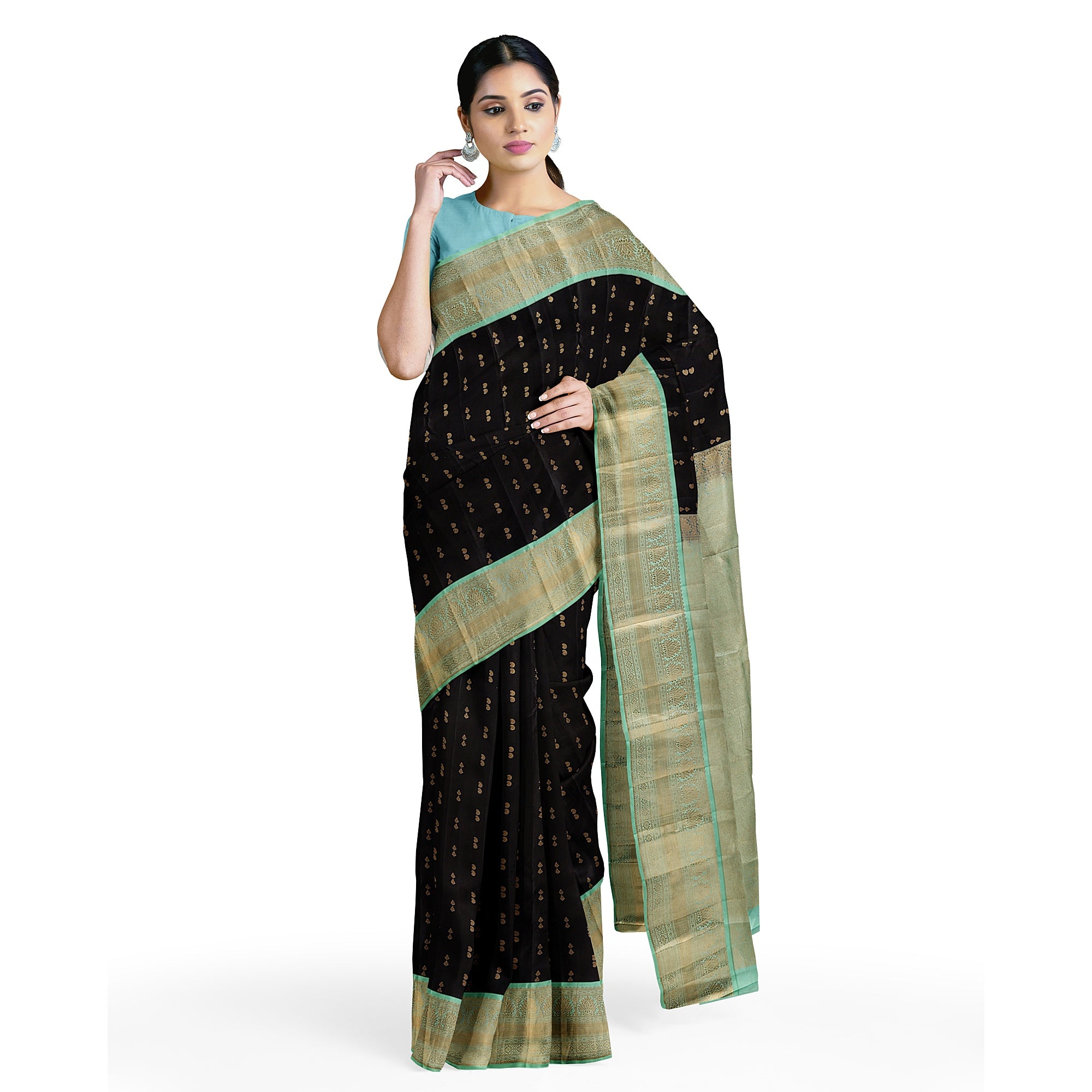 Black Kanjivaram Silk Saree with Pista Green Zari Border – Pure Handloom Bridal Saree Online - New Sudarshan Silks`