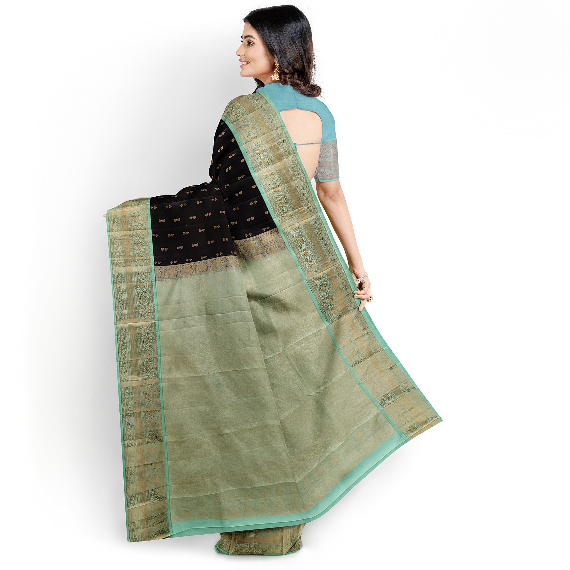 Black Kanjivaram Silk Saree with Pista Green Zari Border – Pure Handloom Bridal Saree Online - New Sudarshan Silks`