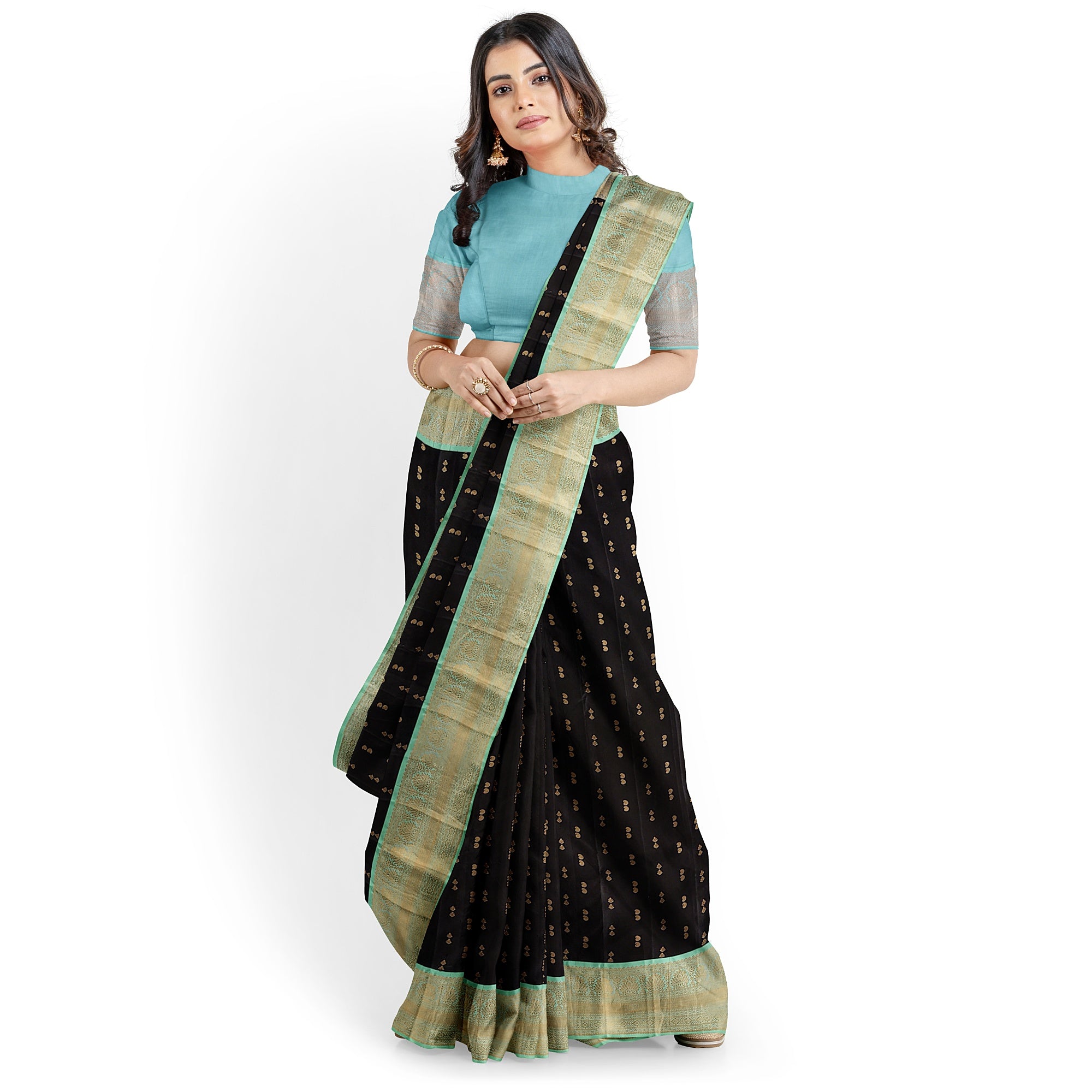 Black Kanjivaram Silk Saree with Pista Green Zari Border – Pure Handloom Bridal Saree Online - New Sudarshan Silks`