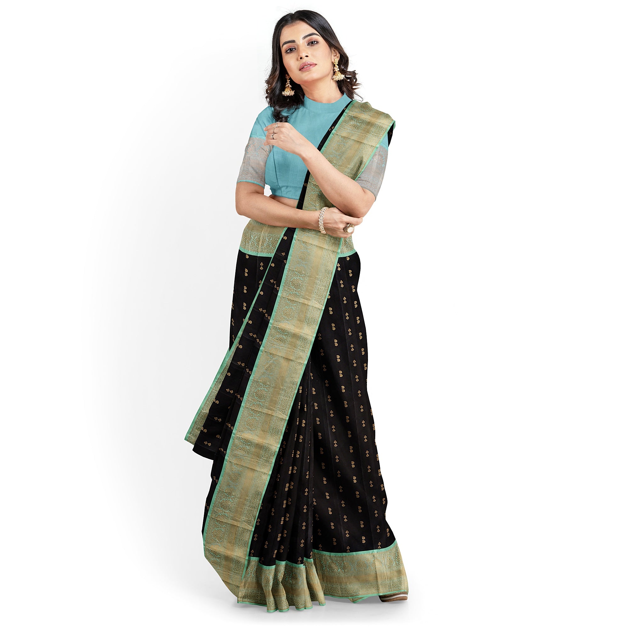 Black Kanjivaram Silk Saree with Pista Green Zari Border – Pure Handloom Bridal Saree Online - New Sudarshan Silks`