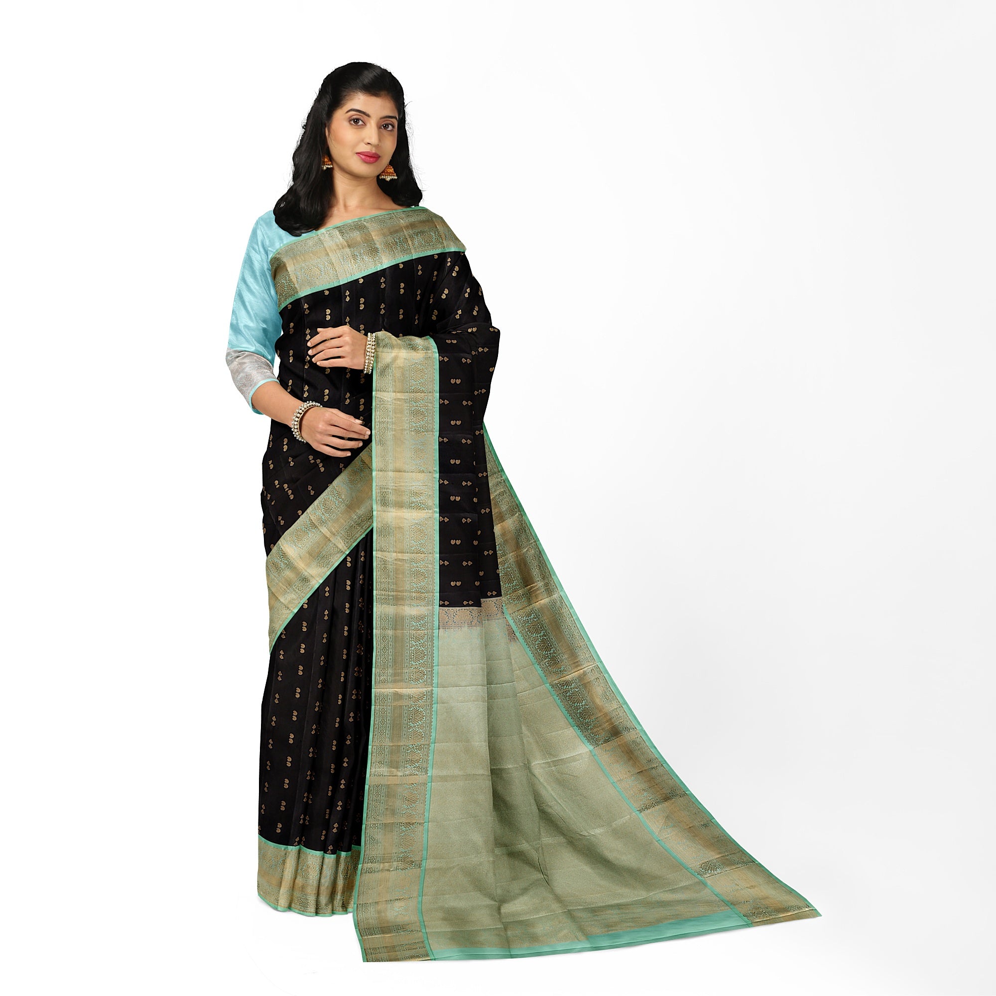 Black Kanjivaram Silk Saree with Pista Green Zari Border – Pure Handloom Bridal Saree Online - New Sudarshan Silks`