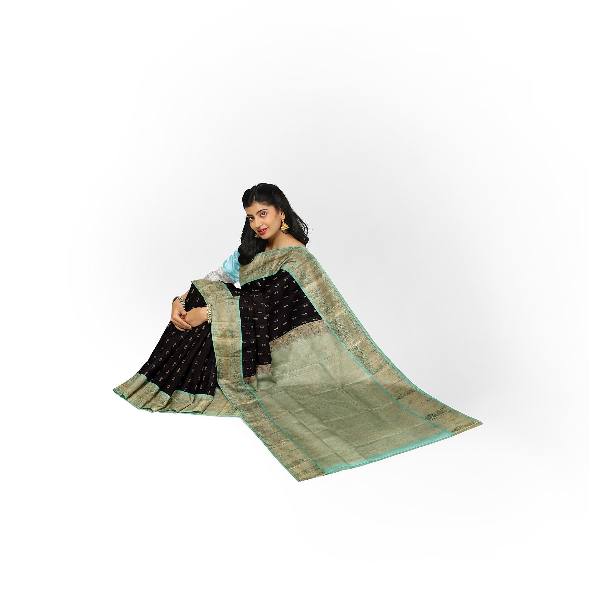 Black Kanjivaram Silk Saree with Pista Green Zari Border – Pure Handloom Bridal Saree Online - New Sudarshan Silks`
