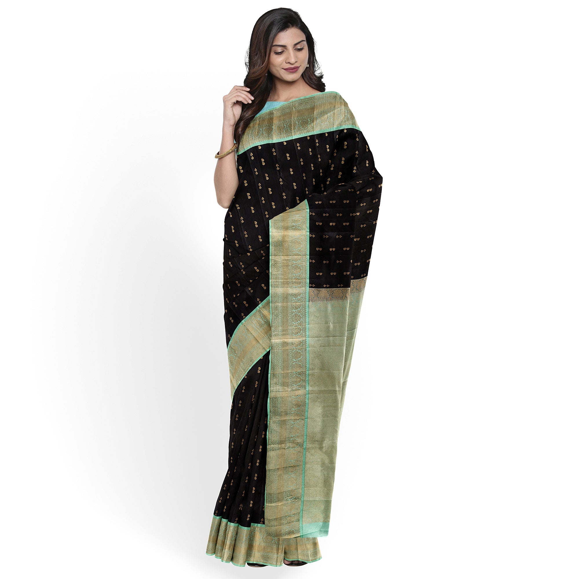 Black Kanjivaram Silk Saree with Pista Green Zari Border – Pure Handloom Bridal Saree Online - New Sudarshan Silks`