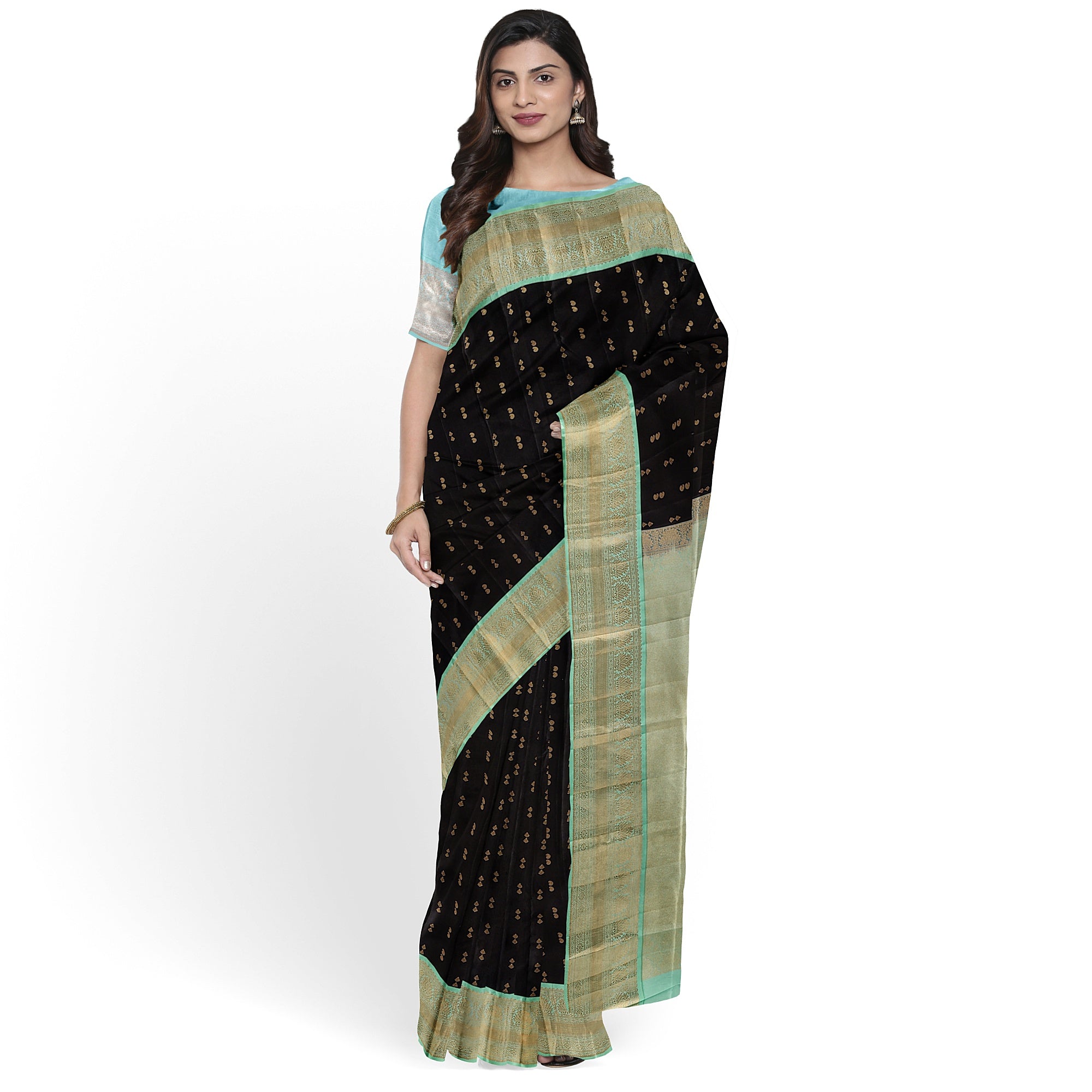 Black Kanjivaram Silk Saree with Pista Green Zari Border – Pure Handloom Bridal Saree Online - New Sudarshan Silks`