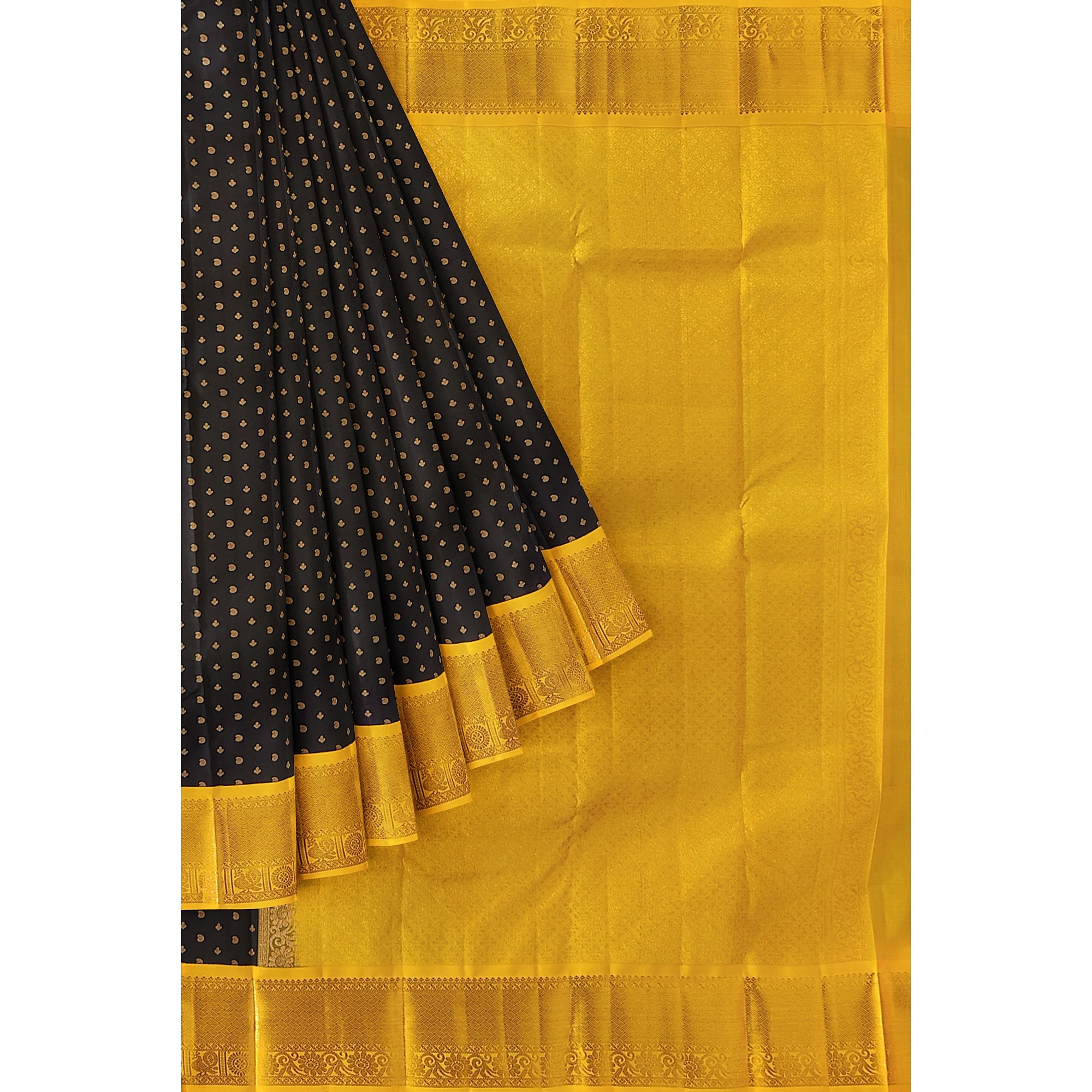 Black Kanjivaram Silk Saree with Yellow Zari Border – Pure Handloom Bridal Saree Online - New Sudarshan Silks`