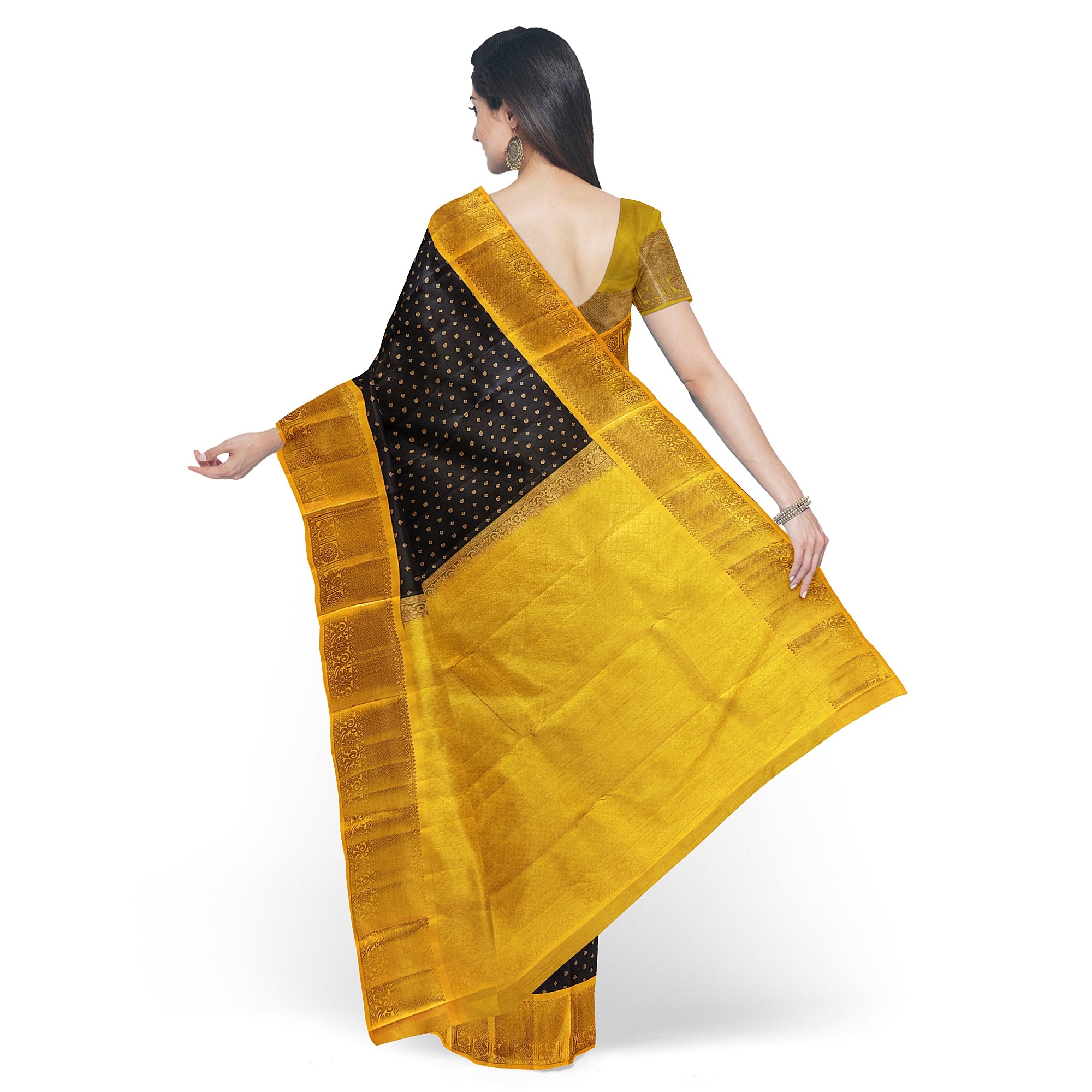 Black Kanjivaram Silk Saree with Yellow Zari Border – Pure Handloom Bridal Saree Online - New Sudarshan Silks`