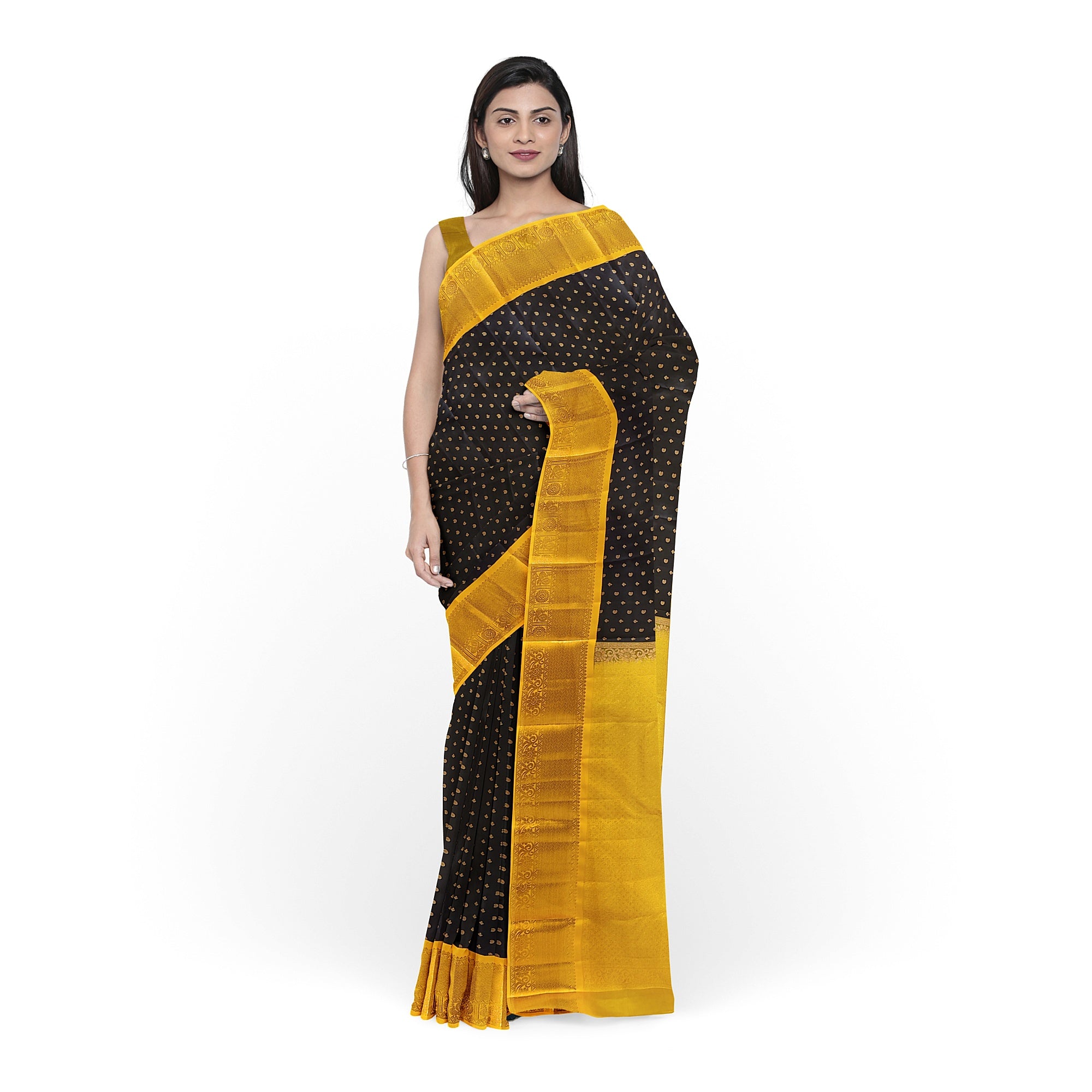 Black Kanjivaram Silk Saree with Yellow Zari Border – Pure Handloom Bridal Saree Online - New Sudarshan Silks`
