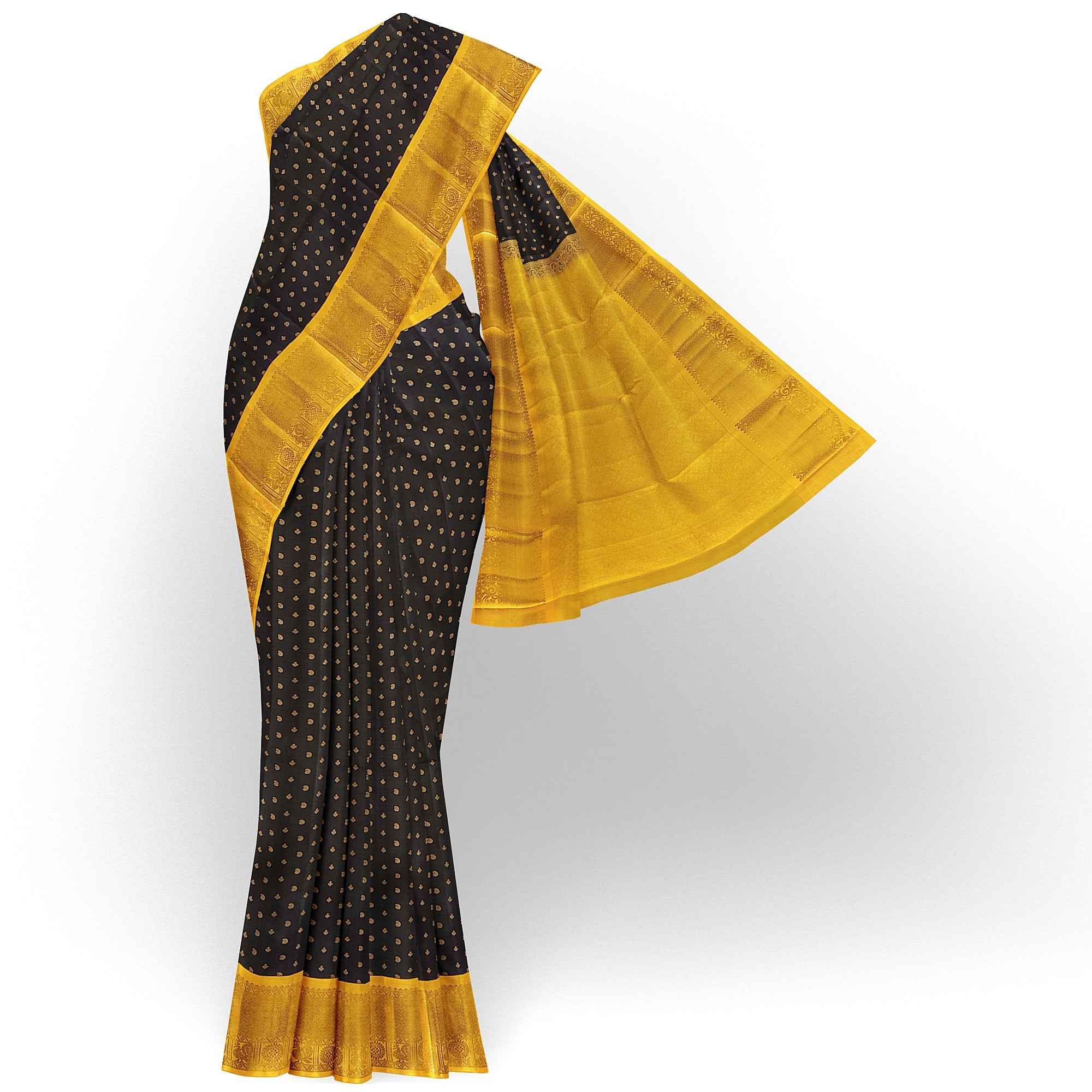 Black Kanjivaram Silk Saree with Yellow Zari Border – Pure Handloom Bridal Saree Online - New Sudarshan Silks`