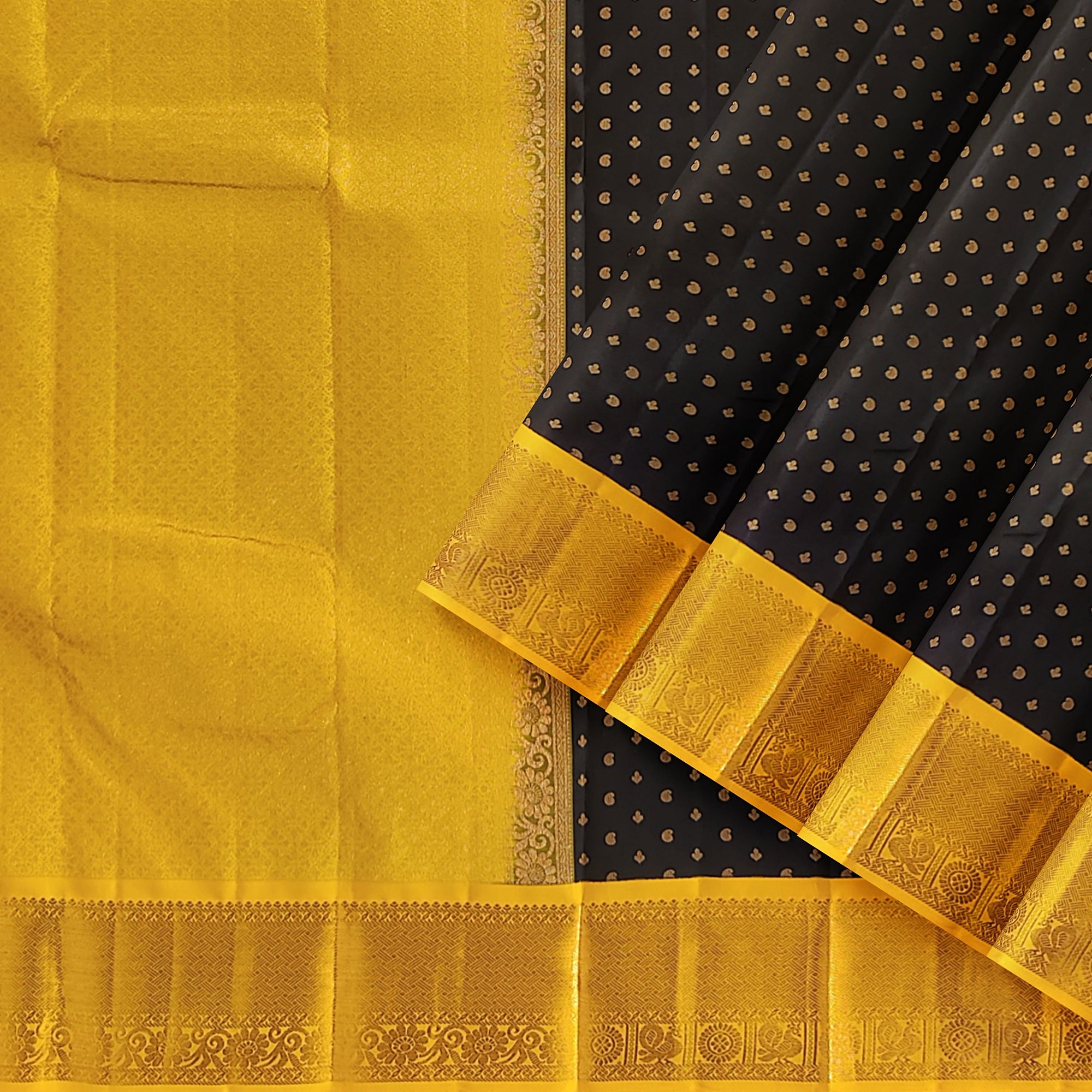Black Kanjivaram Silk Saree with Yellow Zari Border – Pure Handloom Bridal Saree Online - New Sudarshan Silks`
