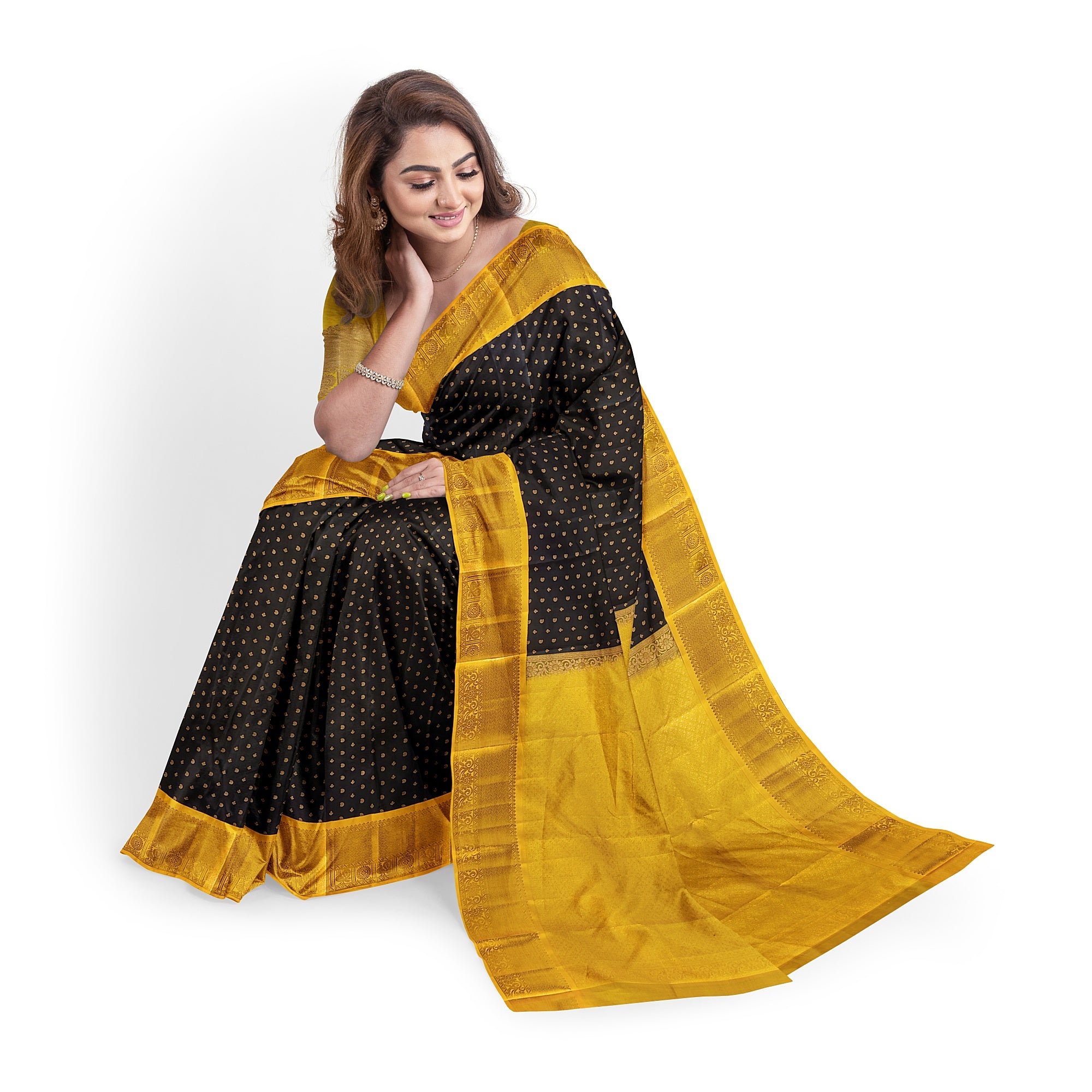 Black Kanjivaram Silk Saree with Yellow Zari Border – Pure Handloom Bridal Saree Online - New Sudarshan Silks`