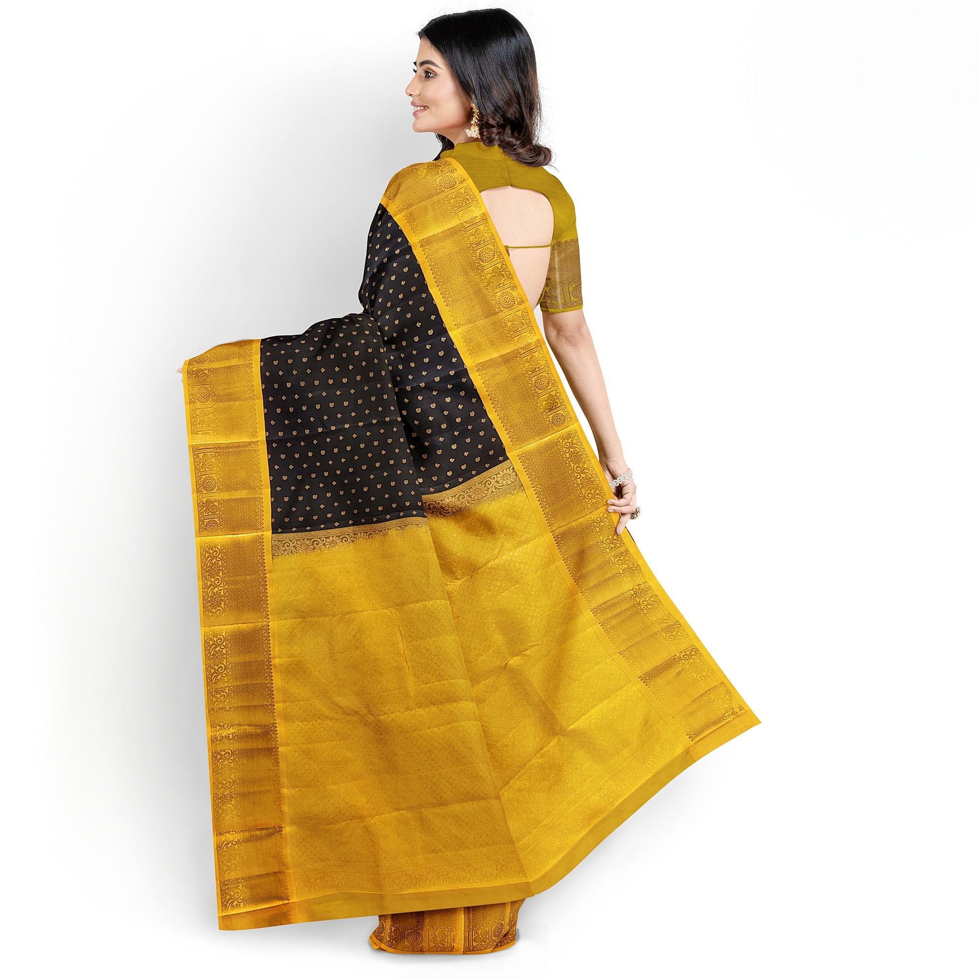 Black Kanjivaram Silk Saree with Yellow Zari Border – Pure Handloom Bridal Saree Online - New Sudarshan Silks`