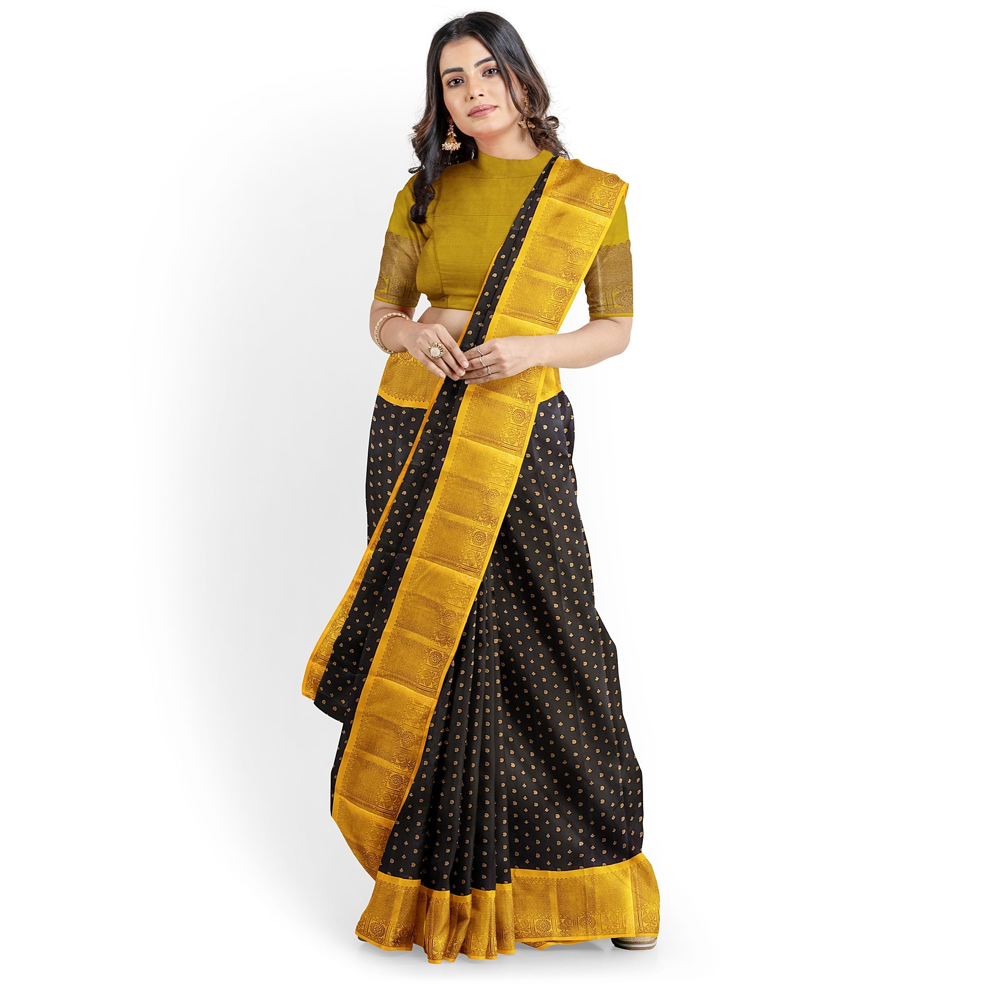 Black Kanjivaram Silk Saree with Yellow Zari Border – Pure Handloom Bridal Saree Online - New Sudarshan Silks`