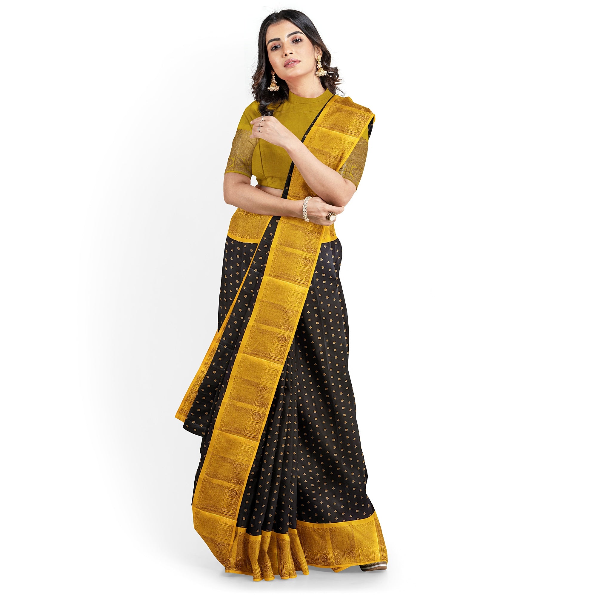 Black Kanjivaram Silk Saree with Yellow Zari Border – Pure Handloom Bridal Saree Online - New Sudarshan Silks`