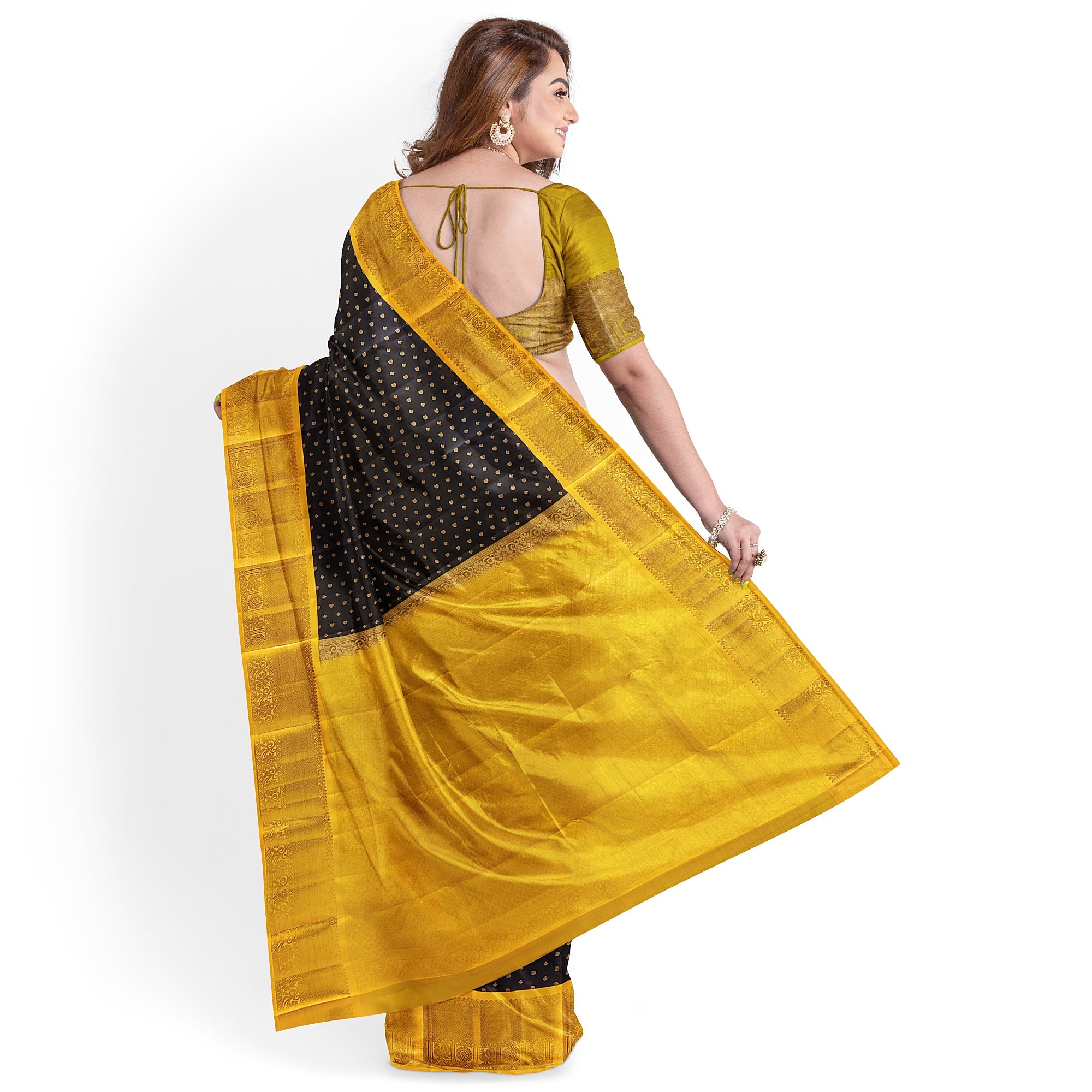 Black Kanjivaram Silk Saree with Yellow Zari Border – Pure Handloom Bridal Saree Online - New Sudarshan Silks`