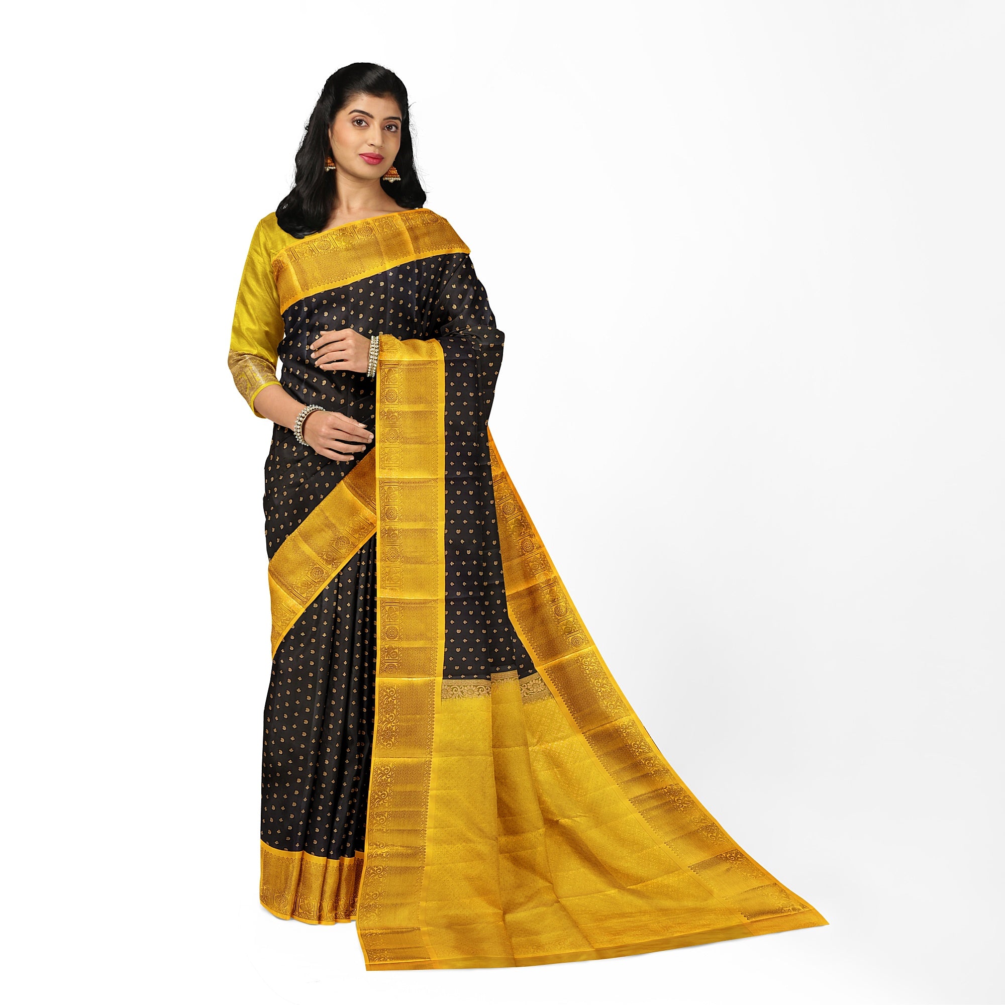 Black Kanjivaram Silk Saree with Yellow Zari Border – Pure Handloom Bridal Saree Online - New Sudarshan Silks`