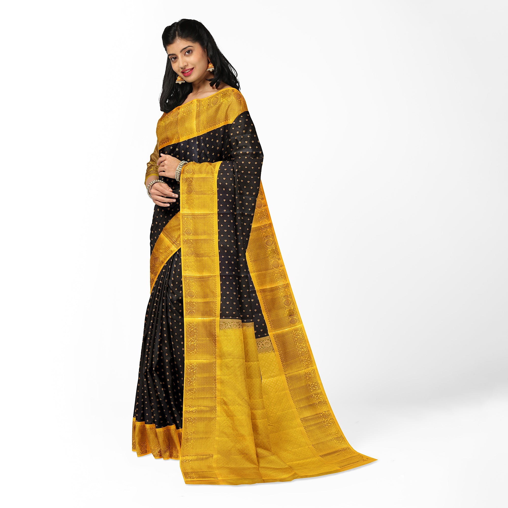 Black Kanjivaram Silk Saree with Yellow Zari Border – Pure Handloom Bridal Saree Online - New Sudarshan Silks`