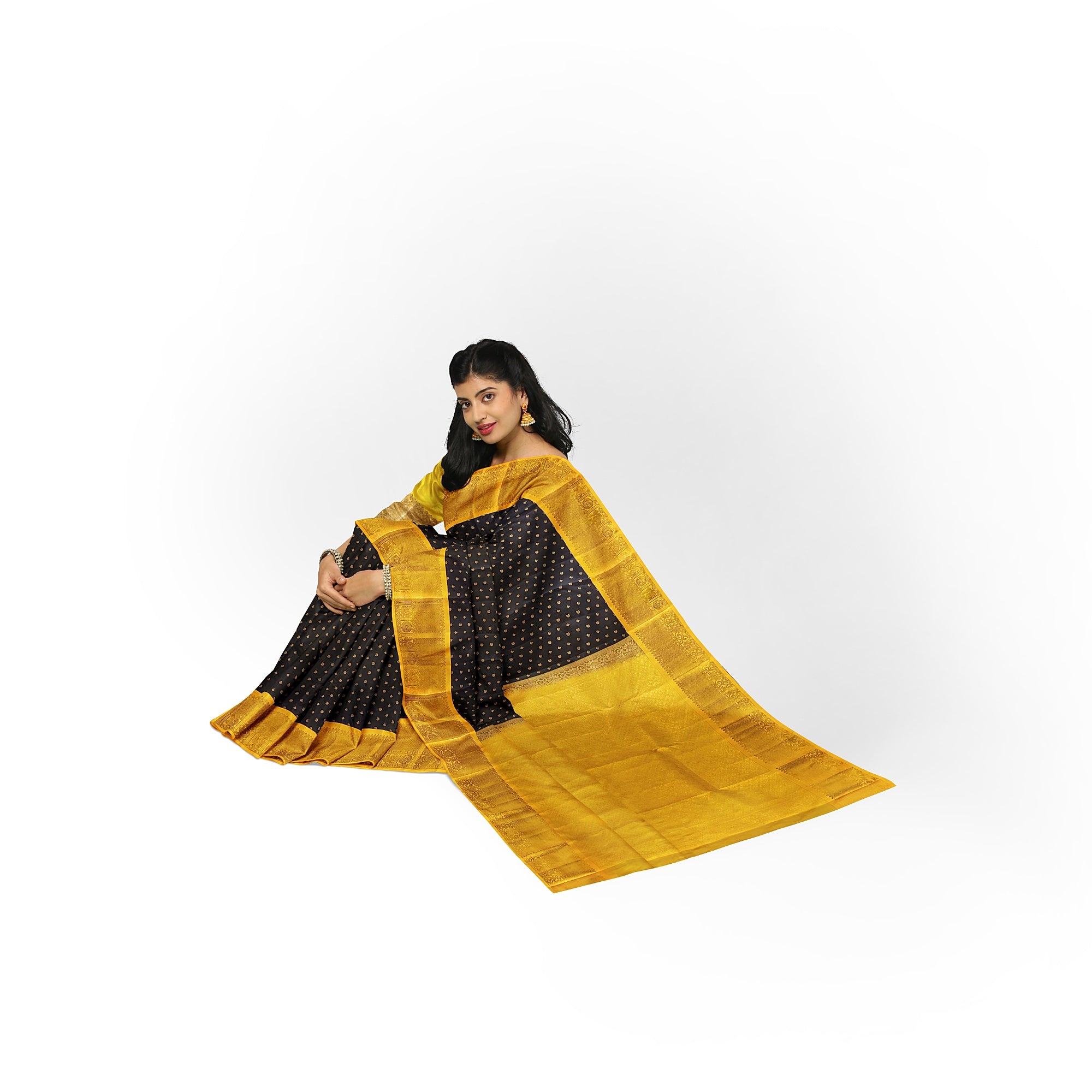 Black Kanjivaram Silk Saree with Yellow Zari Border – Pure Handloom Bridal Saree Online - New Sudarshan Silks`