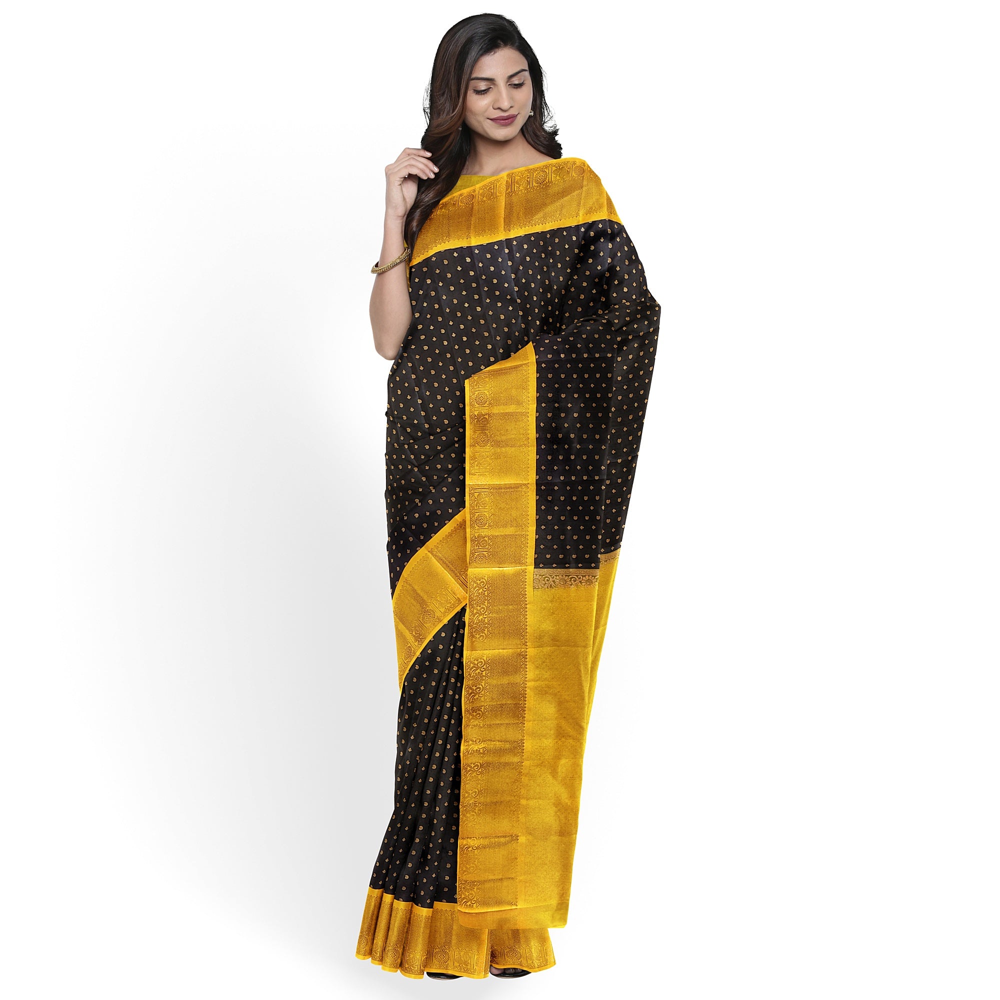 Black Kanjivaram Silk Saree with Yellow Zari Border – Pure Handloom Bridal Saree Online - New Sudarshan Silks`