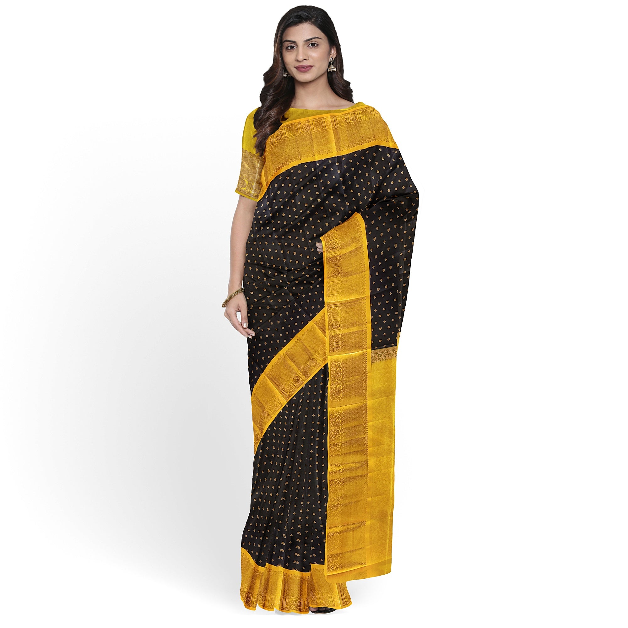 Black Kanjivaram Silk Saree with Yellow Zari Border – Pure Handloom Bridal Saree Online - New Sudarshan Silks`