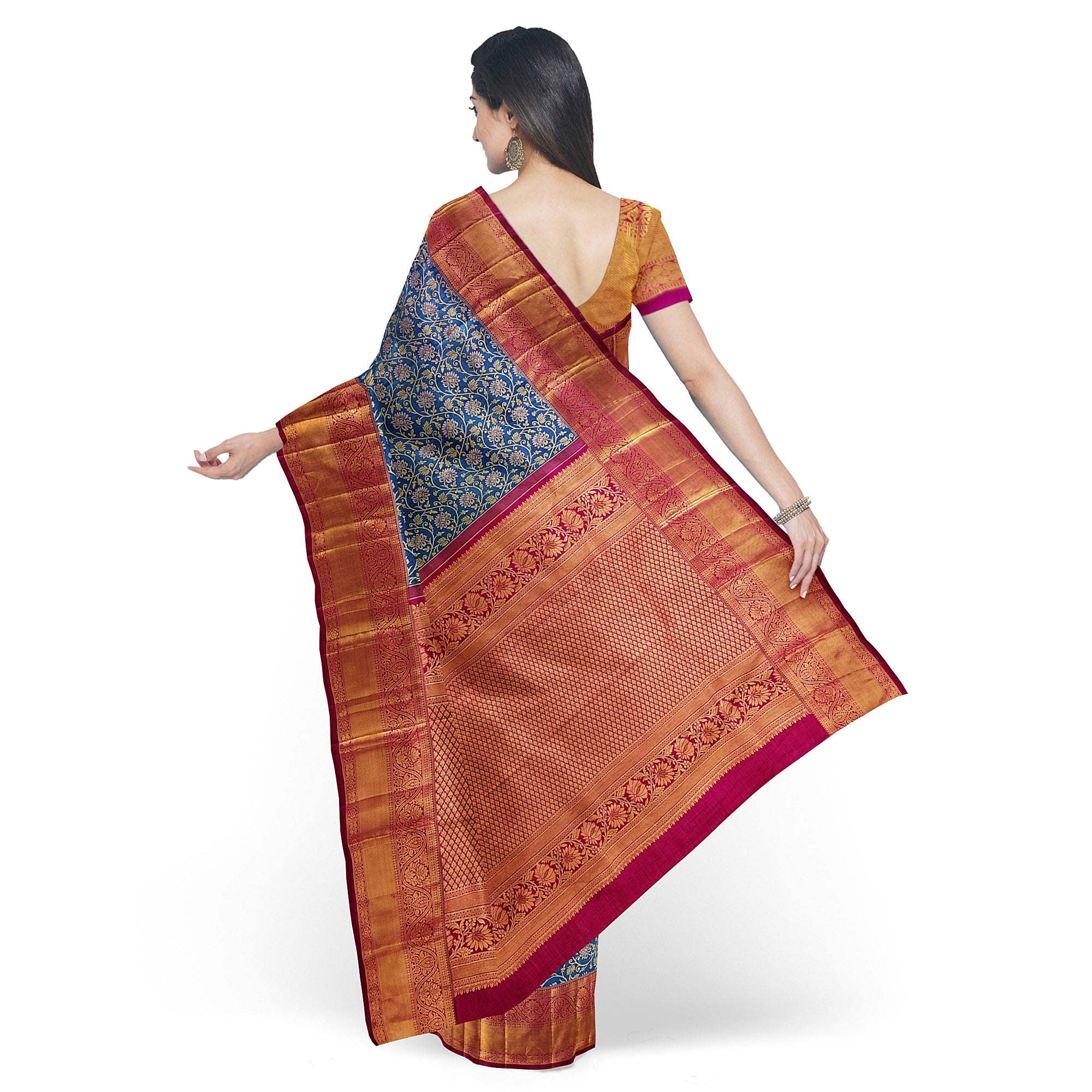 Peacock Blue Kanjivaram Silk Saree with Red Zari Border – Pure Handloom Traditional Saree Online - New Sudarshan Silks`