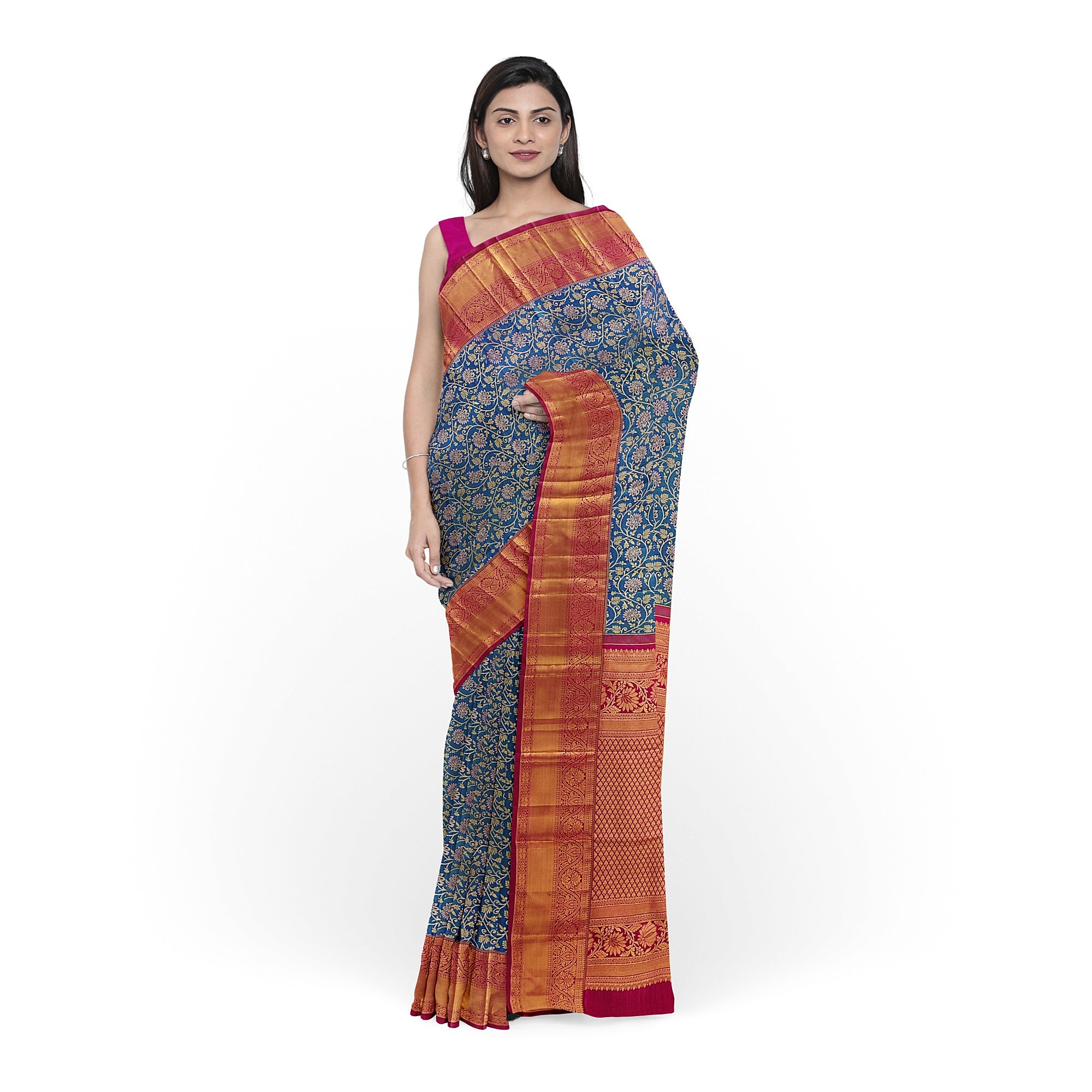 Peacock Blue Kanjivaram Silk Saree with Red Zari Border – Pure Handloom Traditional Saree Online - New Sudarshan Silks`