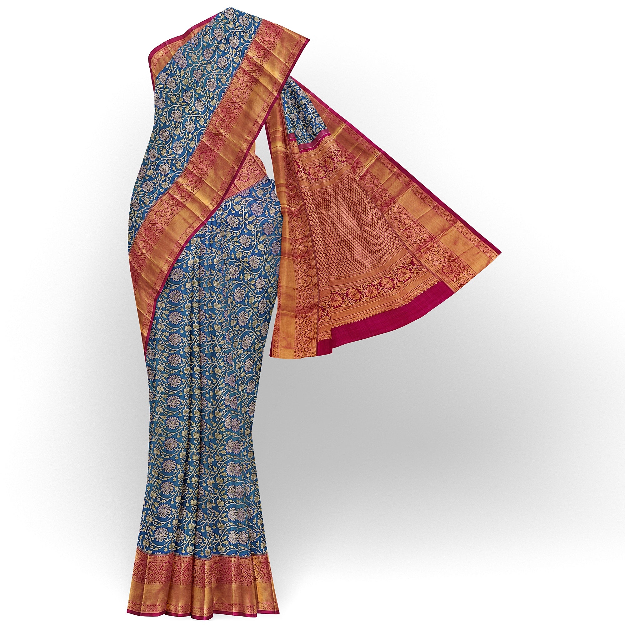 Peacock Blue Kanjivaram Silk Saree with Red Zari Border – Pure Handloom Traditional Saree Online - New Sudarshan Silks`