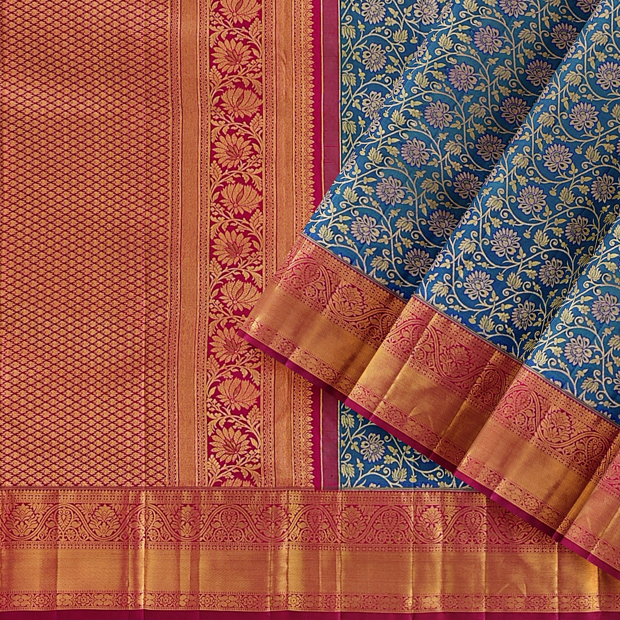 Peacock Blue Kanjivaram Silk Saree with Red Zari Border – Pure Handloom Traditional Saree Online - New Sudarshan Silks`