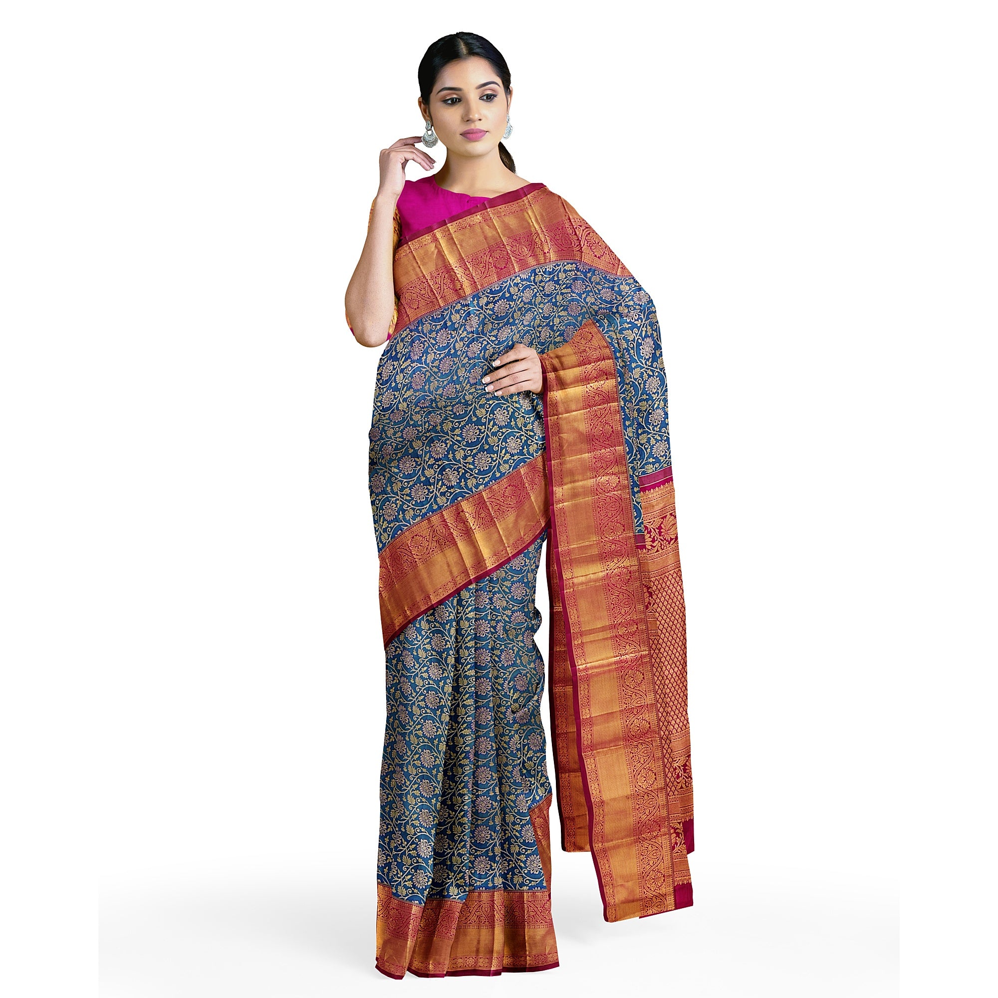 Peacock Blue Kanjivaram Silk Saree with Red Zari Border – Pure Handloom Traditional Saree Online - New Sudarshan Silks`