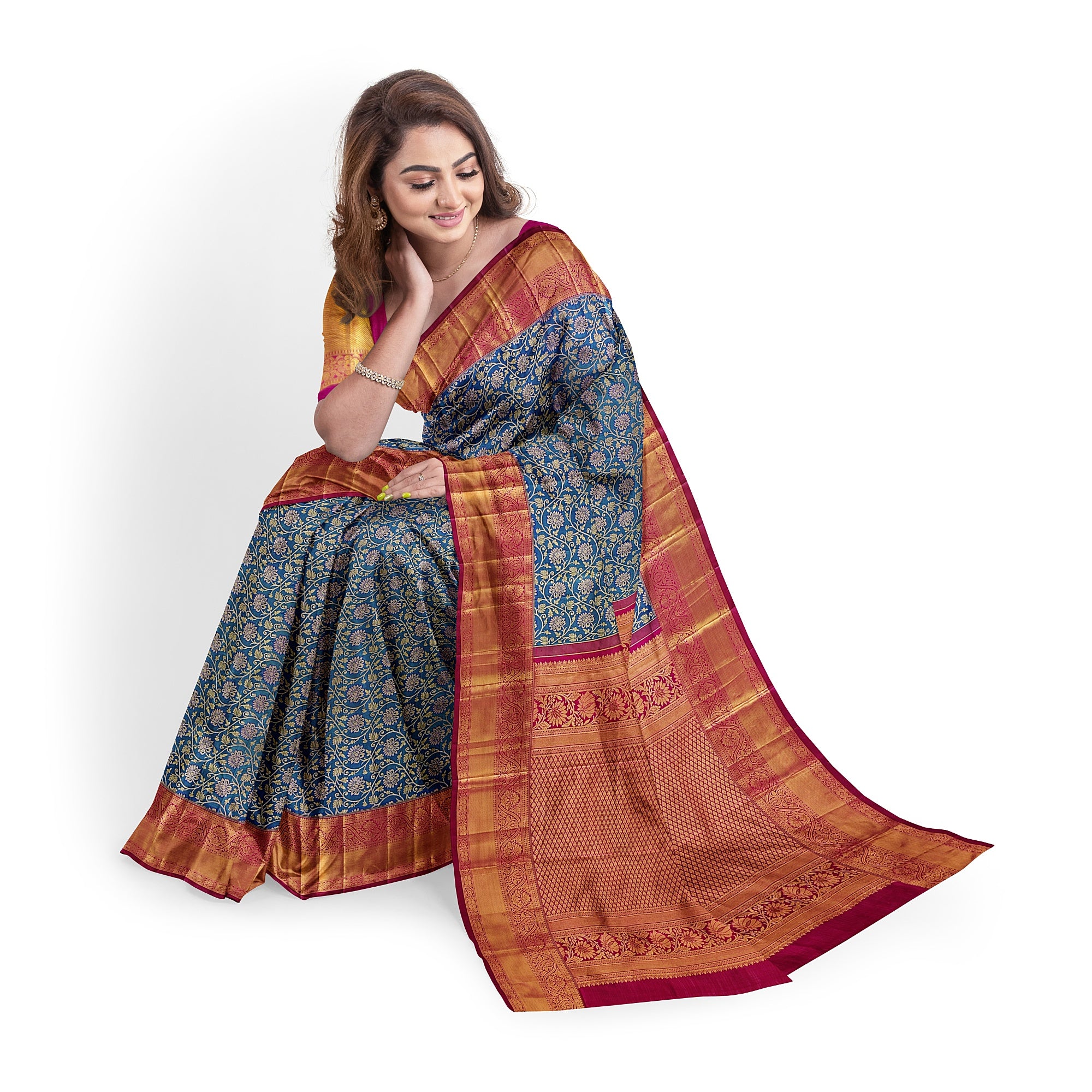 Peacock Blue Kanjivaram Silk Saree with Red Zari Border – Pure Handloom Traditional Saree Online - New Sudarshan Silks`