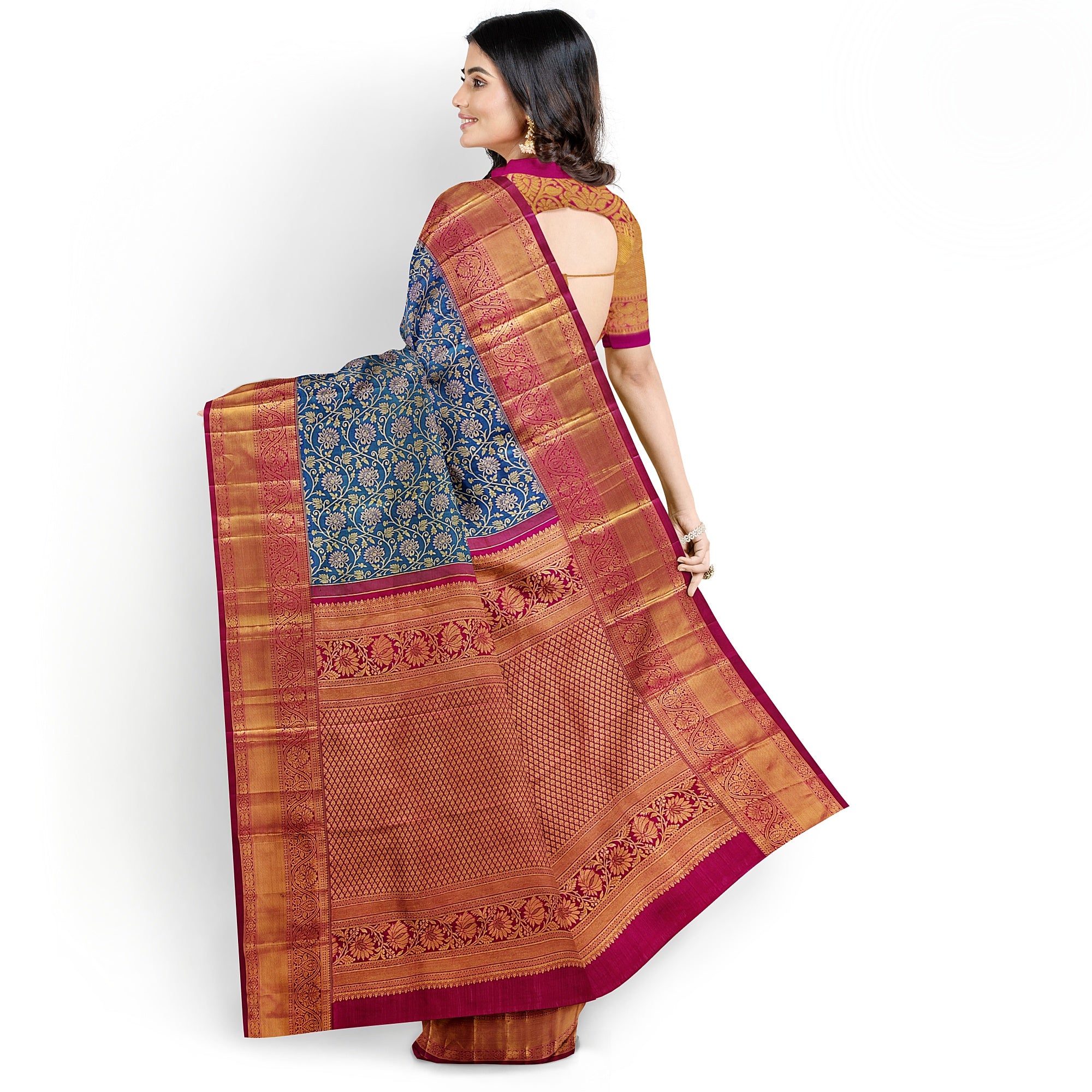Peacock Blue Kanjivaram Silk Saree with Red Zari Border – Pure Handloom Traditional Saree Online - New Sudarshan Silks`