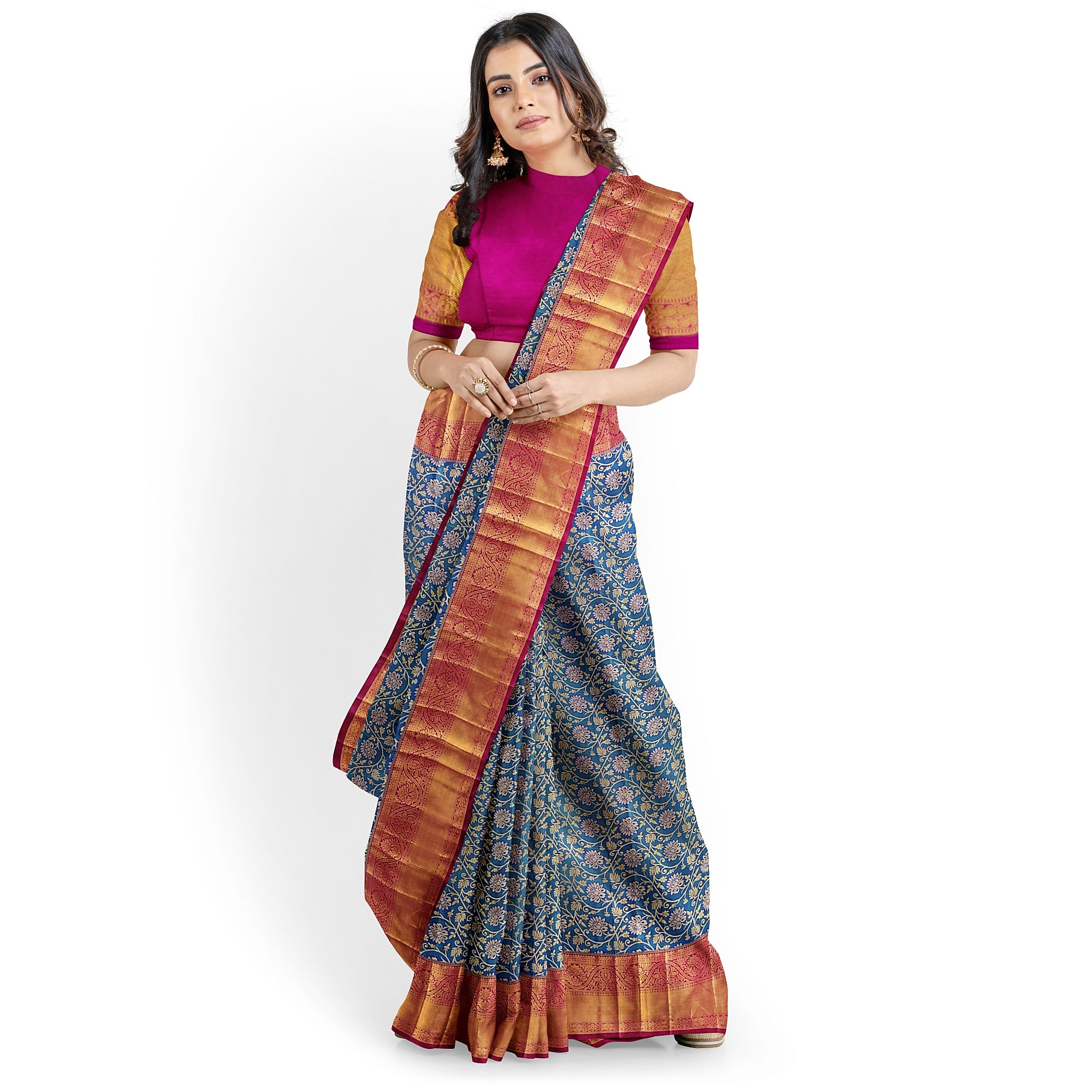 Peacock Blue Kanjivaram Silk Saree with Red Zari Border – Pure Handloom Traditional Saree Online - New Sudarshan Silks`