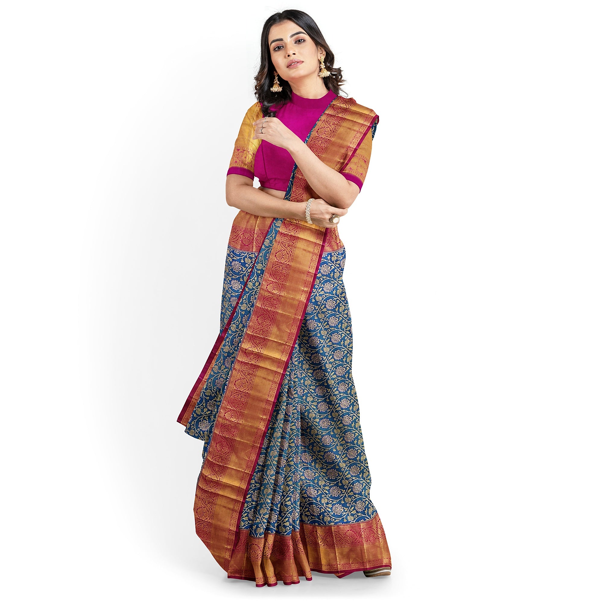 Peacock Blue Kanjivaram Silk Saree with Red Zari Border – Pure Handloom Traditional Saree Online - New Sudarshan Silks`