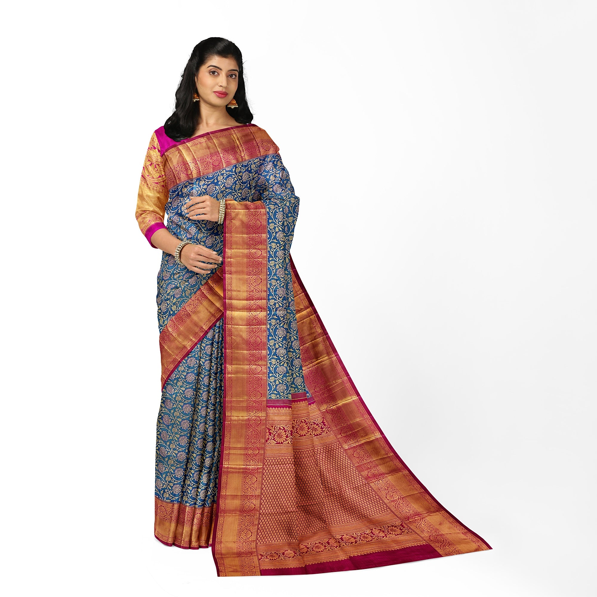 Peacock Blue Kanjivaram Silk Saree with Red Zari Border – Pure Handloom Traditional Saree Online - New Sudarshan Silks`