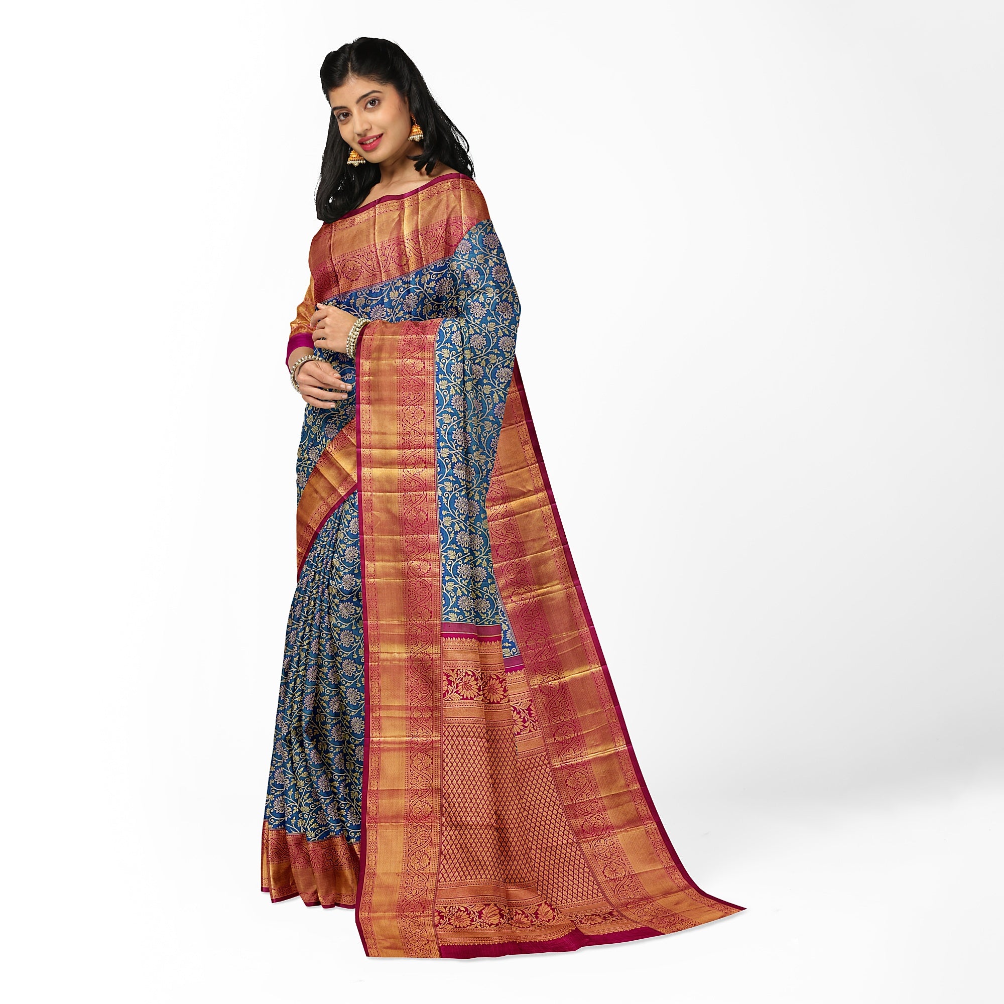 Peacock Blue Kanjivaram Silk Saree with Red Zari Border – Pure Handloom Traditional Saree Online - New Sudarshan Silks`