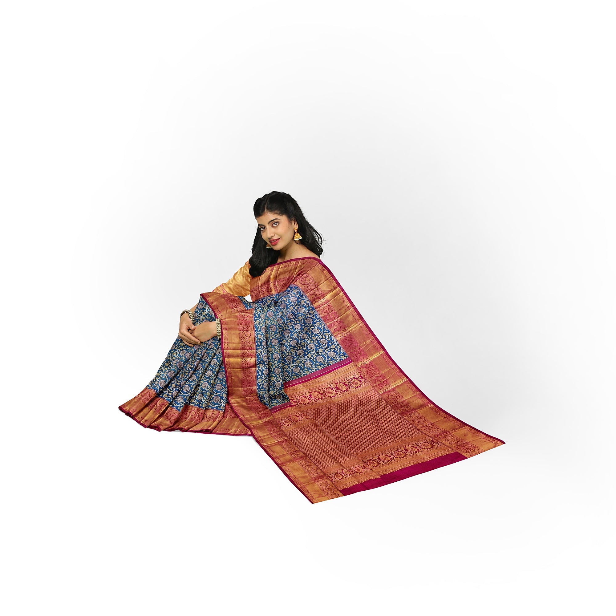 Peacock Blue Kanjivaram Silk Saree with Red Zari Border – Pure Handloom Traditional Saree Online - New Sudarshan Silks`
