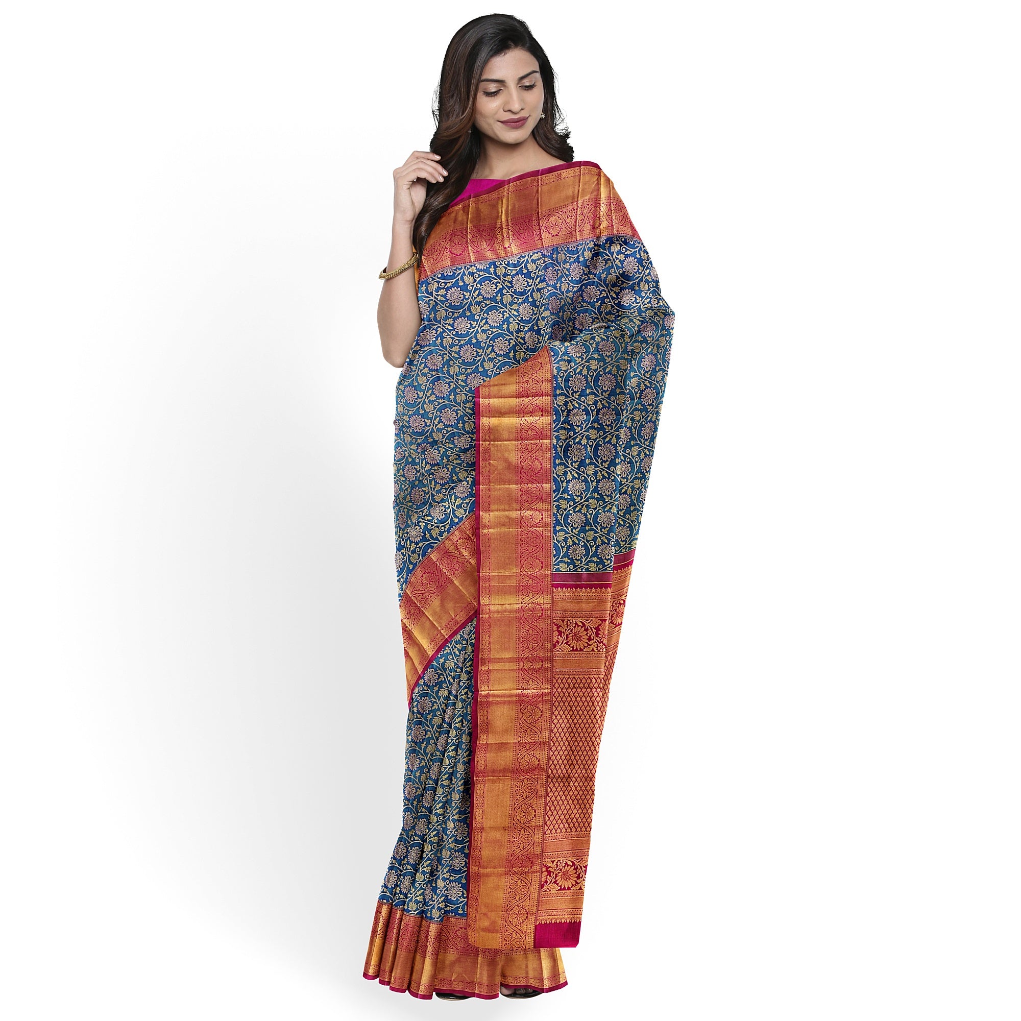 Peacock Blue Kanjivaram Silk Saree with Red Zari Border – Pure Handloom Traditional Saree Online - New Sudarshan Silks`