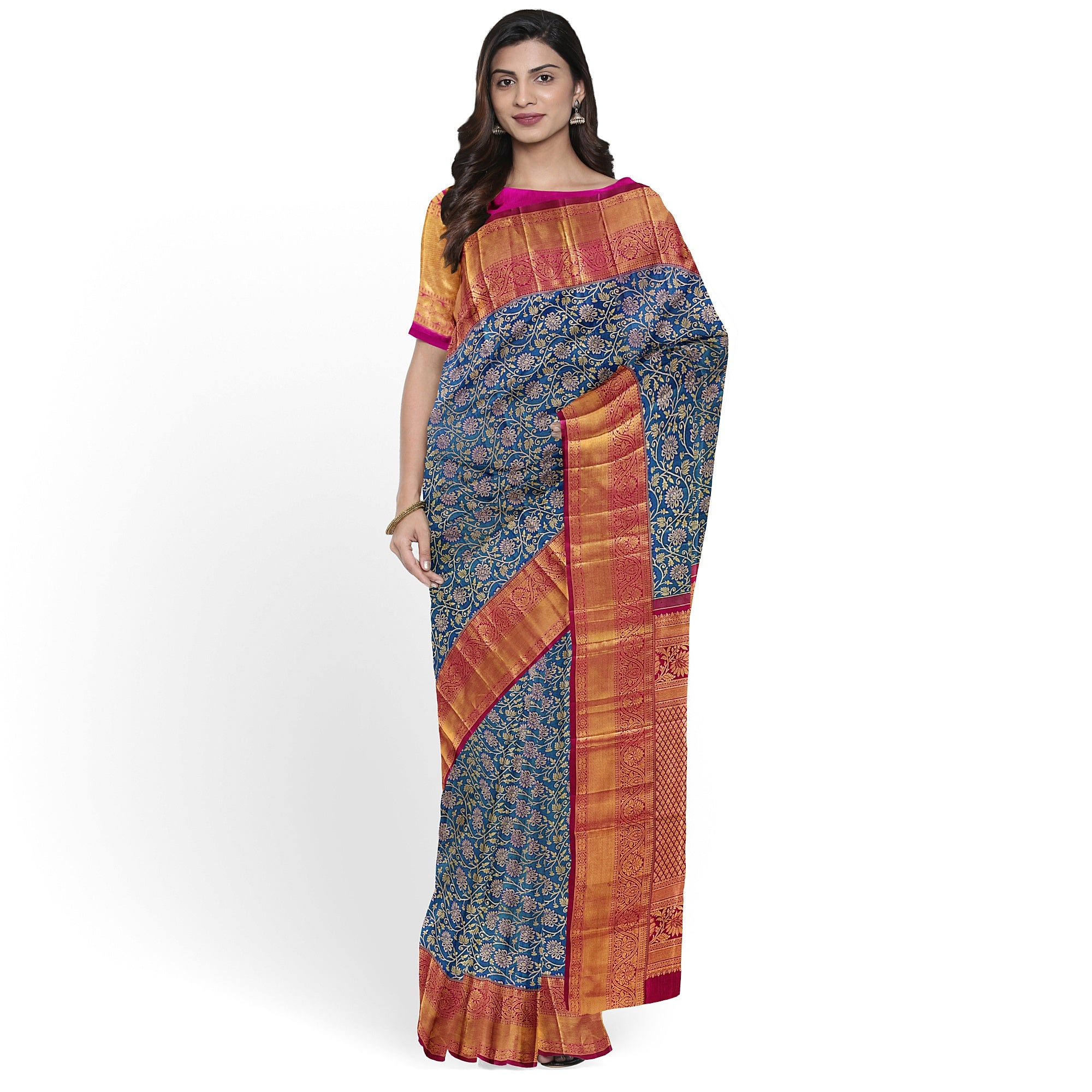 Peacock Blue Kanjivaram Silk Saree with Red Zari Border – Pure Handloom Traditional Saree Online - New Sudarshan Silks`