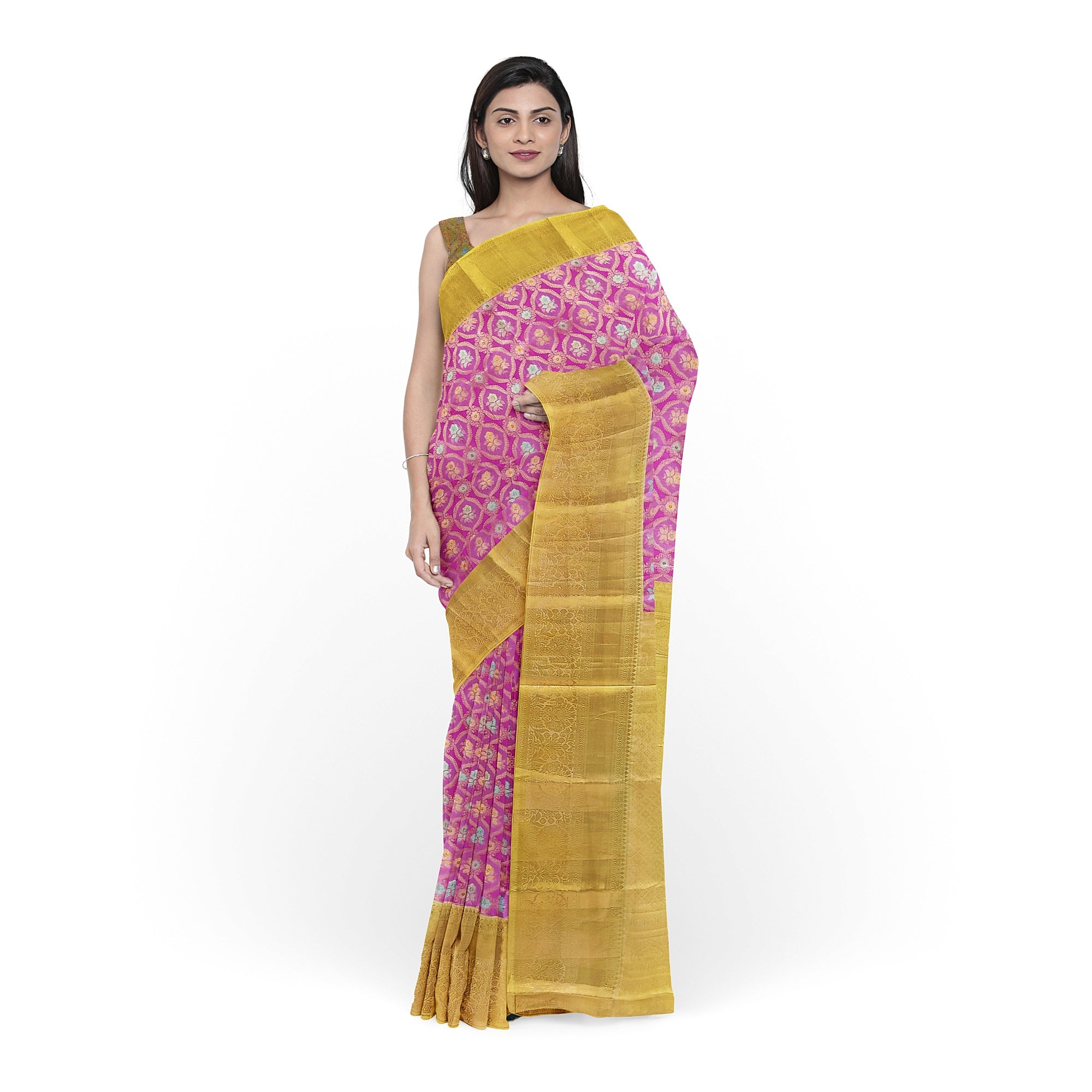Pink Kanjivaram Silk Saree with Gold Zari – Pure Handloom Bridal Saree Online - New Sudarshan Silks`