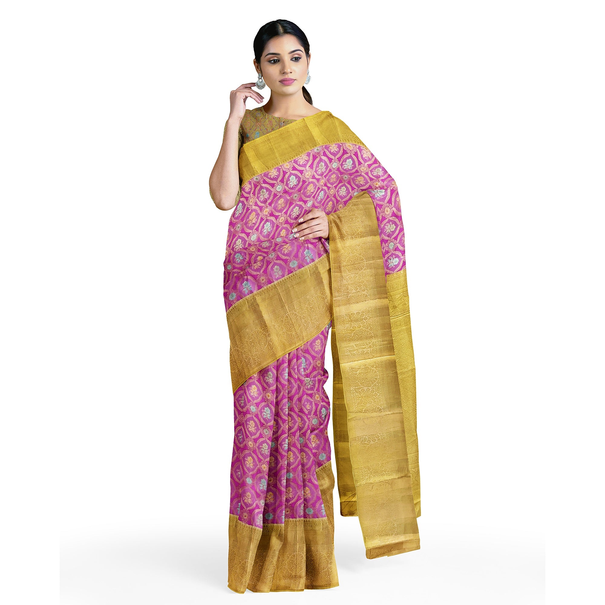 Pink Kanjivaram Silk Saree with Gold Zari – Pure Handloom Bridal Saree Online - New Sudarshan Silks`