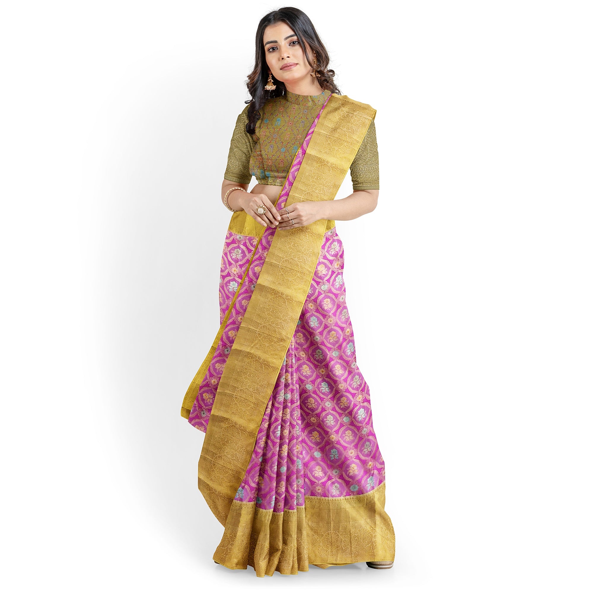 Pink Kanjivaram Silk Saree with Gold Zari – Pure Handloom Bridal Saree Online - New Sudarshan Silks`