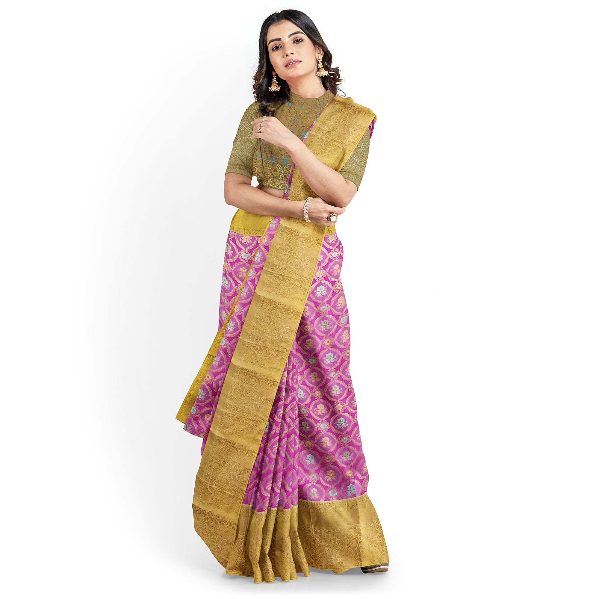 Pink Kanjivaram Silk Saree with Gold Zari – Pure Handloom Bridal Saree Online - New Sudarshan Silks`