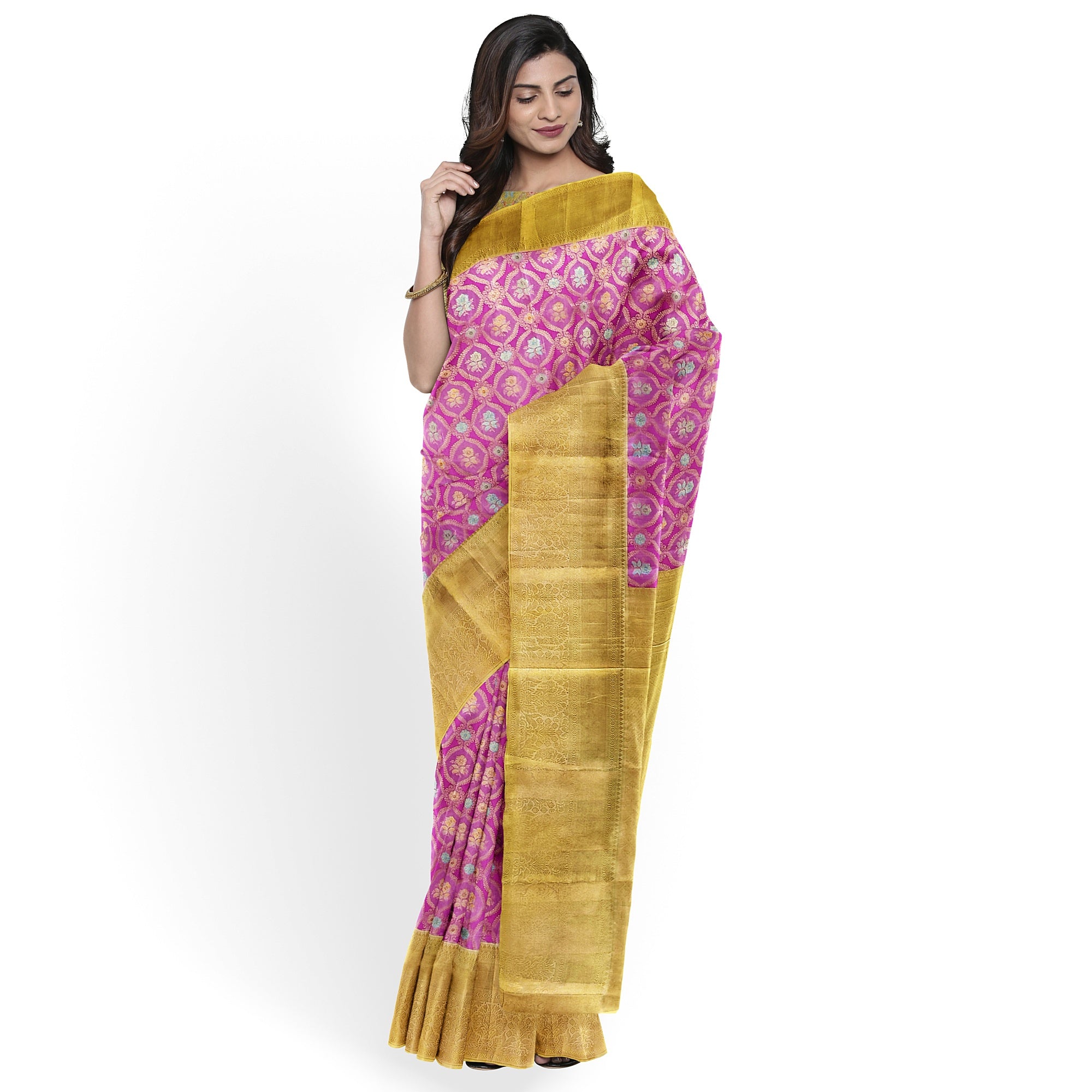 Pink Kanjivaram Silk Saree with Gold Zari – Pure Handloom Bridal Saree Online - New Sudarshan Silks`