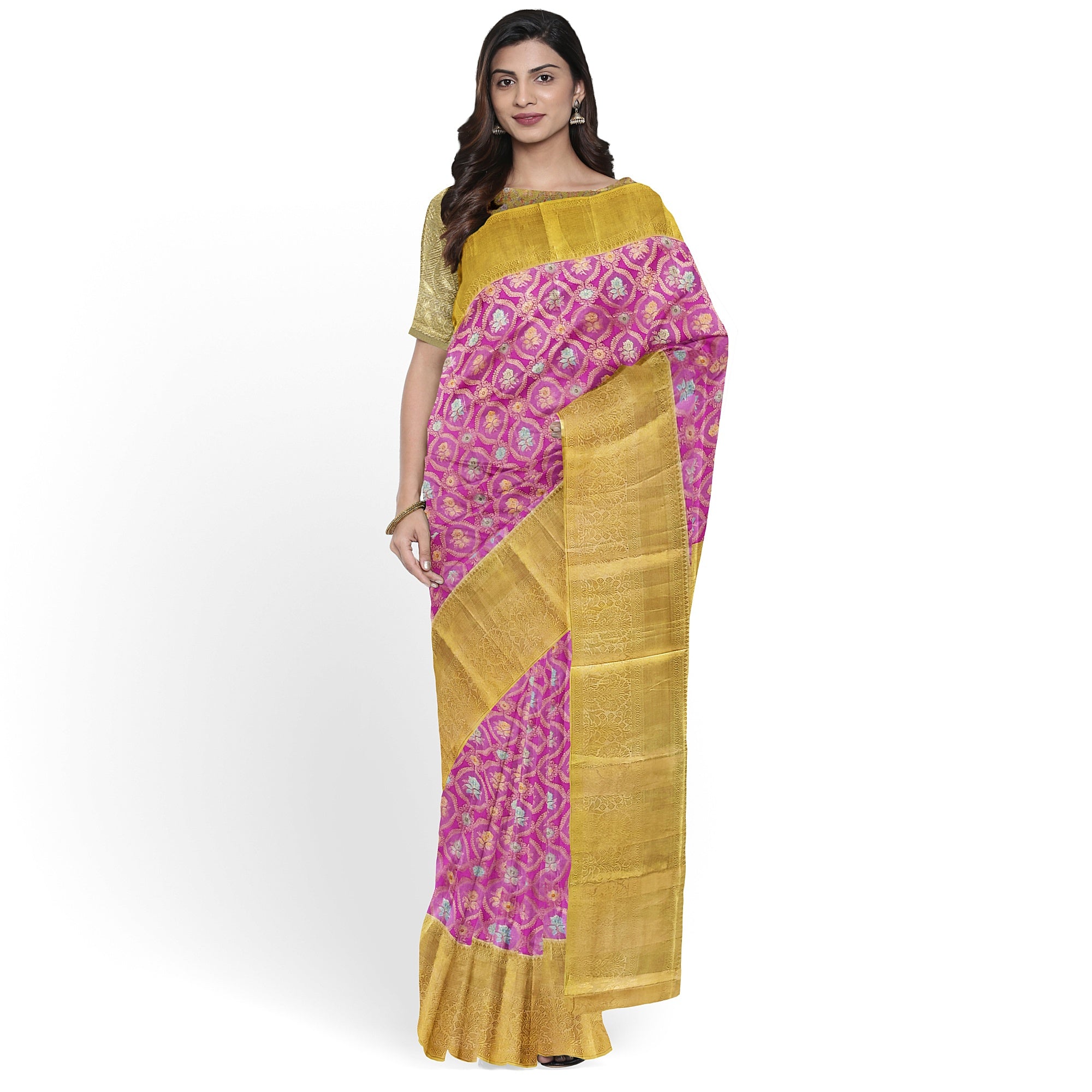 Pink Kanjivaram Silk Saree with Gold Zari – Pure Handloom Bridal Saree Online - New Sudarshan Silks`