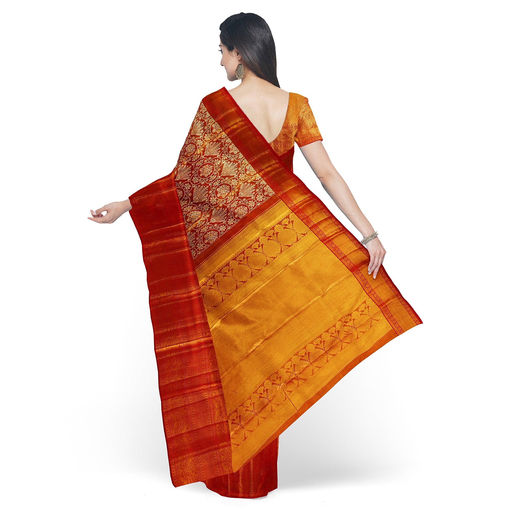 Orange Tissue Silk Kanjivaram Saree with Self Zari Border – Subtle Elegance in Handloom Weave Online - New Sudarshan Silks`