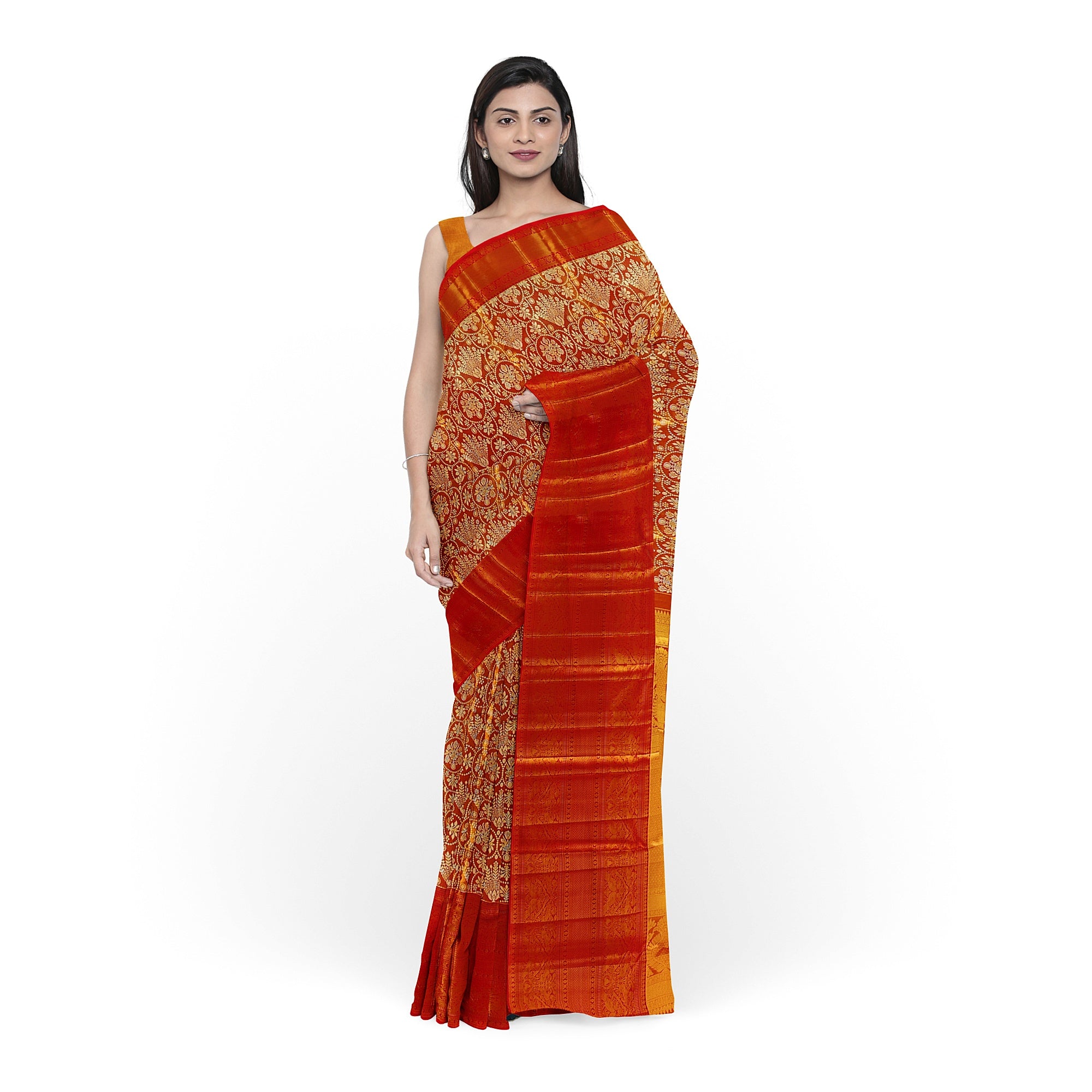 Orange Tissue Silk Kanjivaram Saree with Self Zari Border – Subtle Elegance in Handloom Weave Online - New Sudarshan Silks`