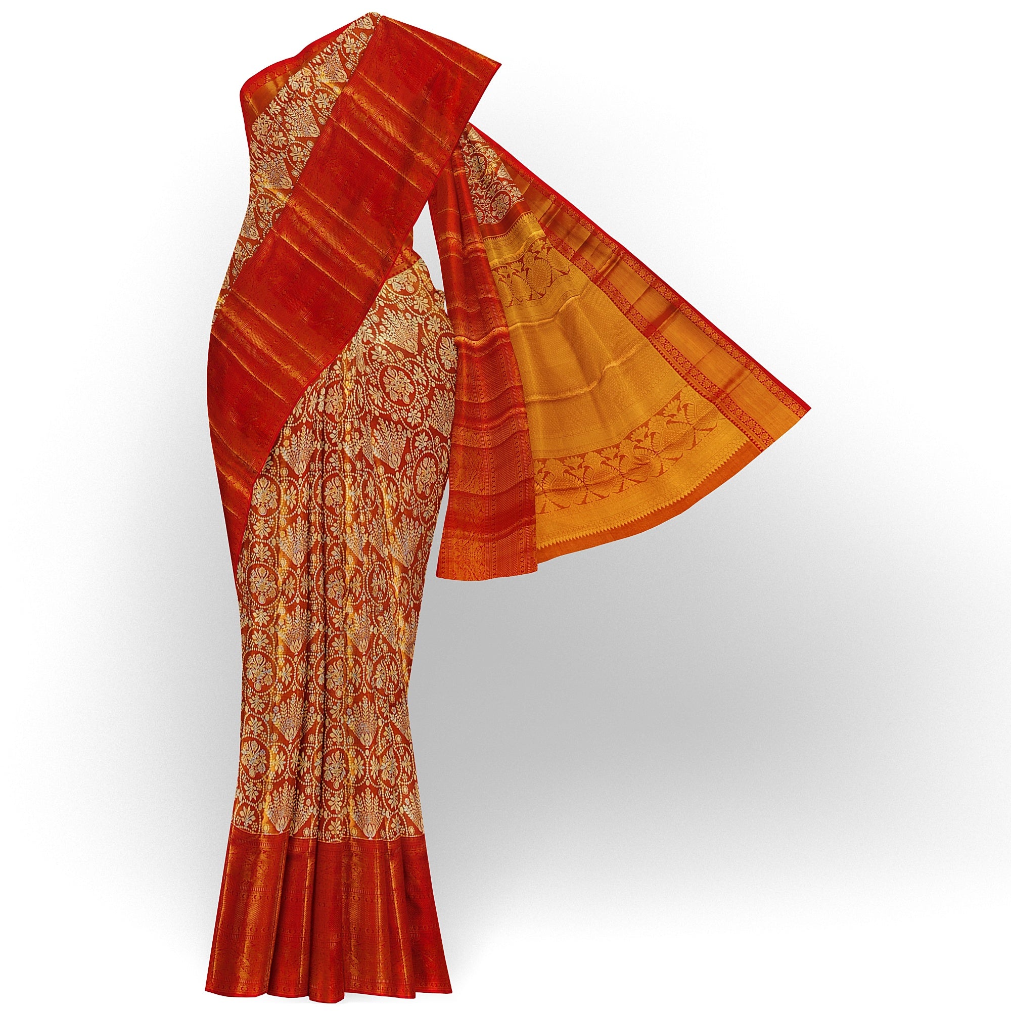 Orange Tissue Silk Kanjivaram Saree with Self Zari Border – Subtle Elegance in Handloom Weave Online - New Sudarshan Silks`