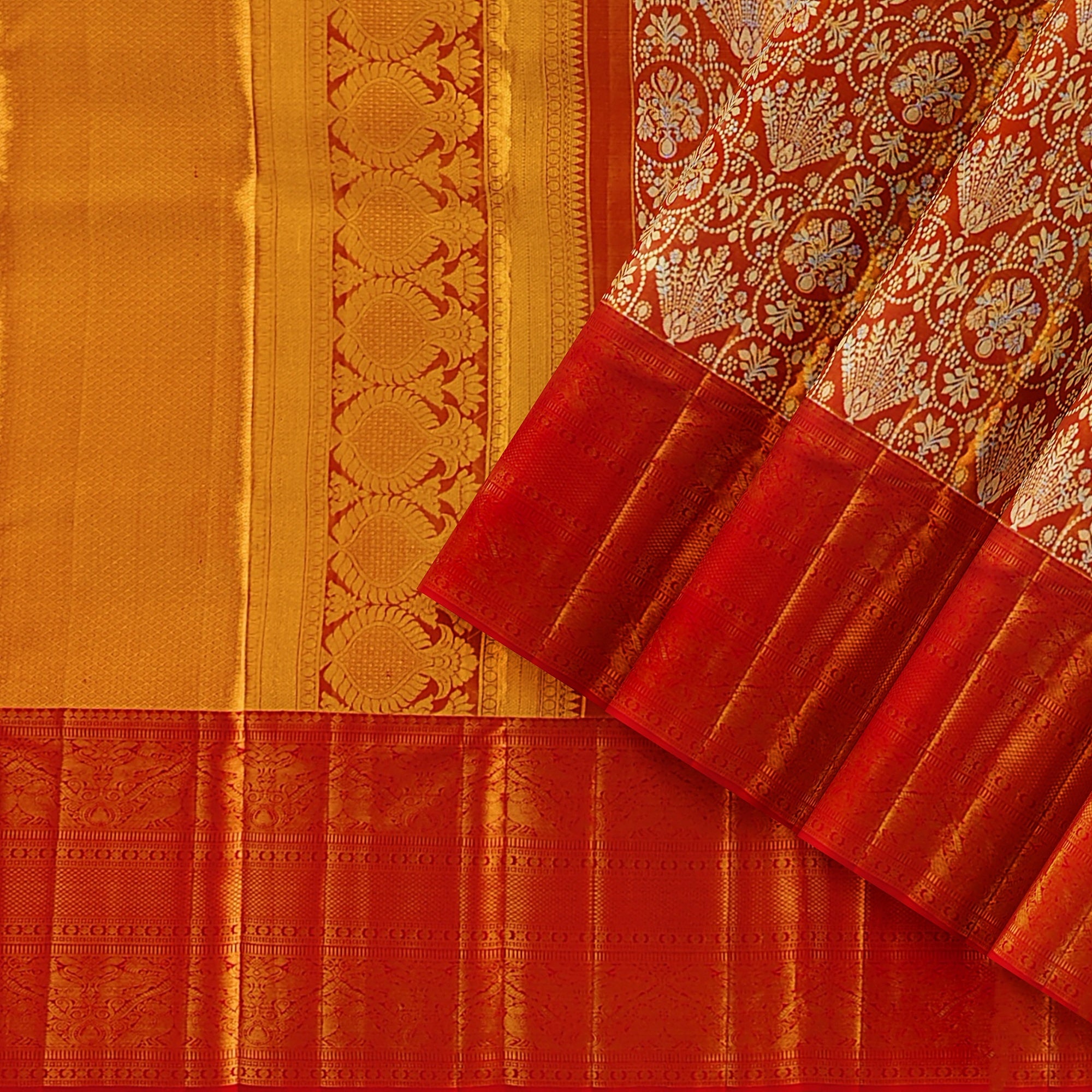 Orange Tissue Silk Kanjivaram Saree with Self Zari Border – Subtle Elegance in Handloom Weave Online - New Sudarshan Silks`