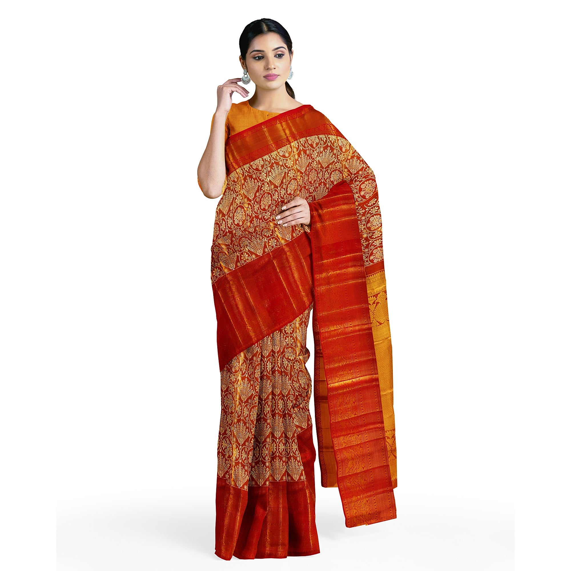 Orange Tissue Silk Kanjivaram Saree with Self Zari Border – Subtle Elegance in Handloom Weave Online - New Sudarshan Silks`