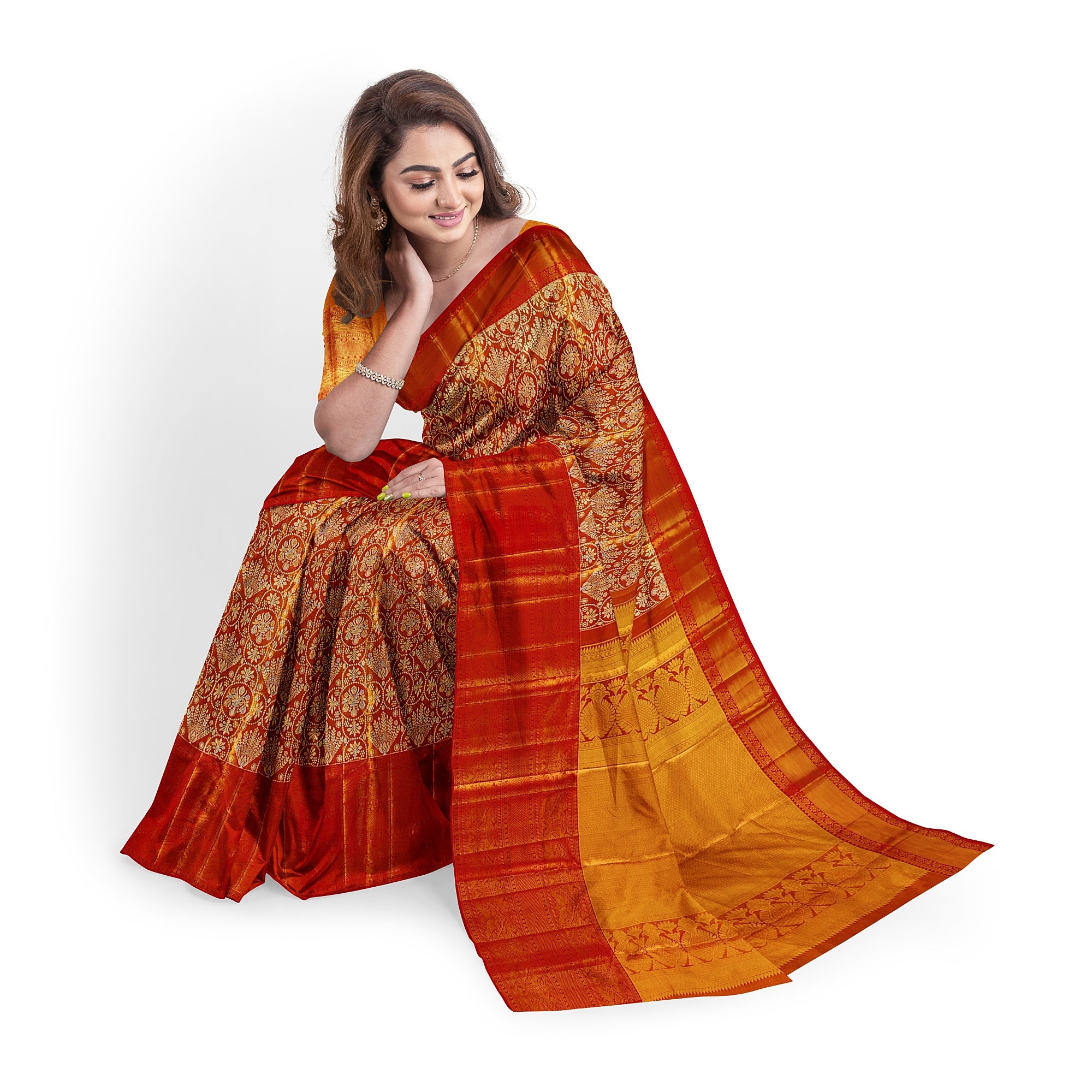 Orange Tissue Silk Kanjivaram Saree with Self Zari Border – Subtle Elegance in Handloom Weave Online - New Sudarshan Silks`